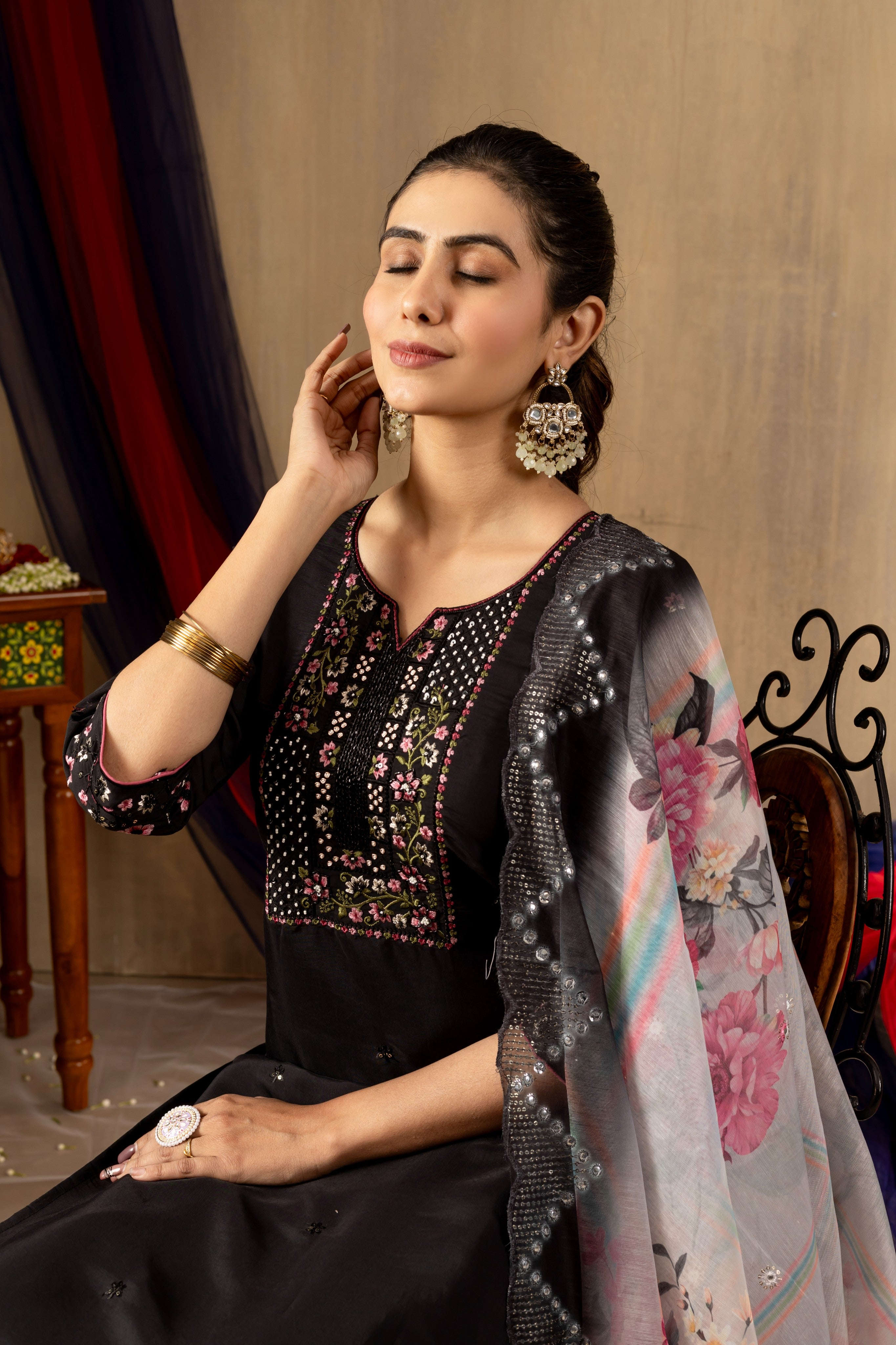 Elegant Straight Kurti Pant Dupatta Set KADV-108 - Black Kalikar