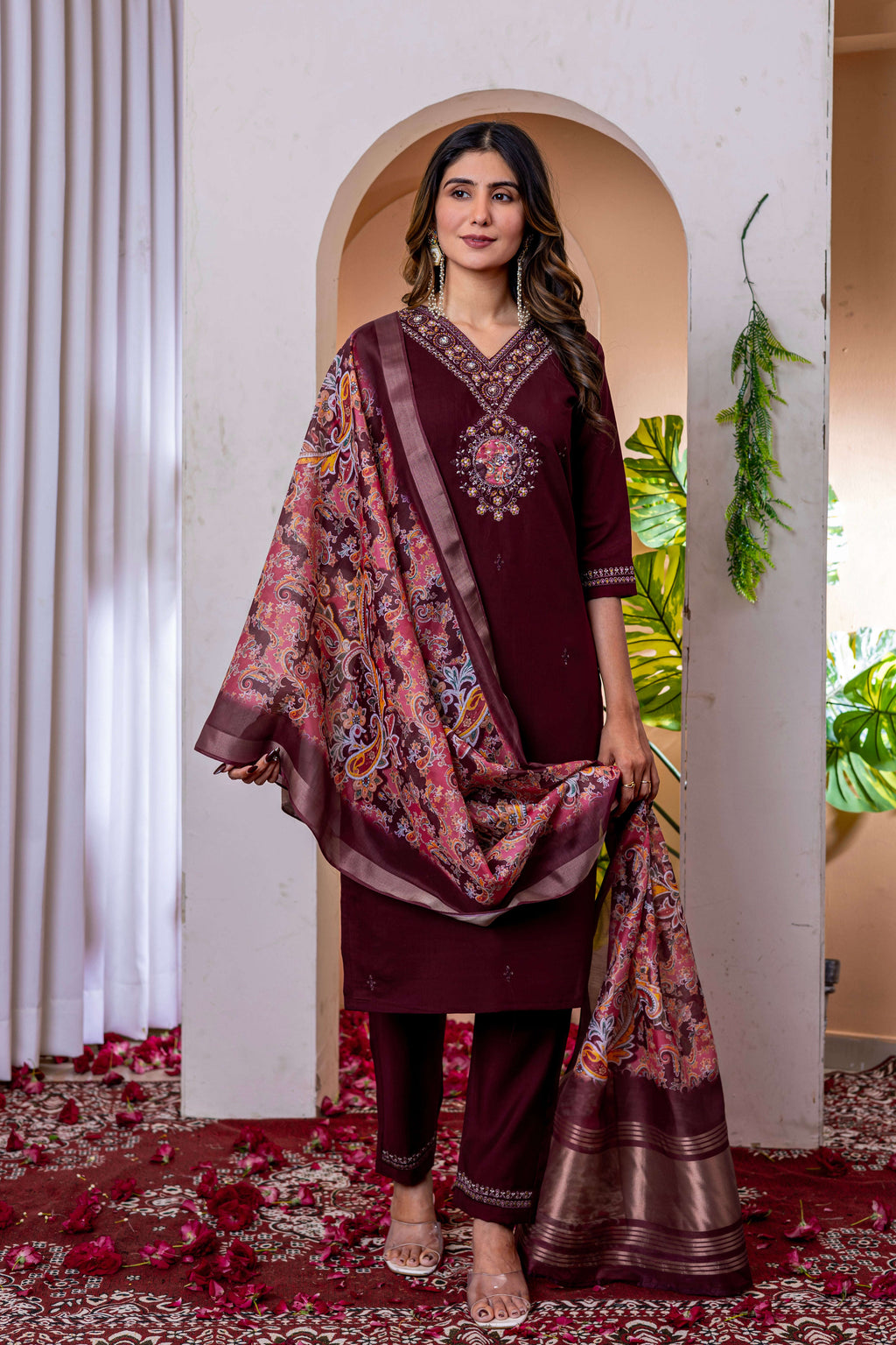 Elegant Straight Kurti Pant Dupatta Set KADV-112 - Wine Kalikar