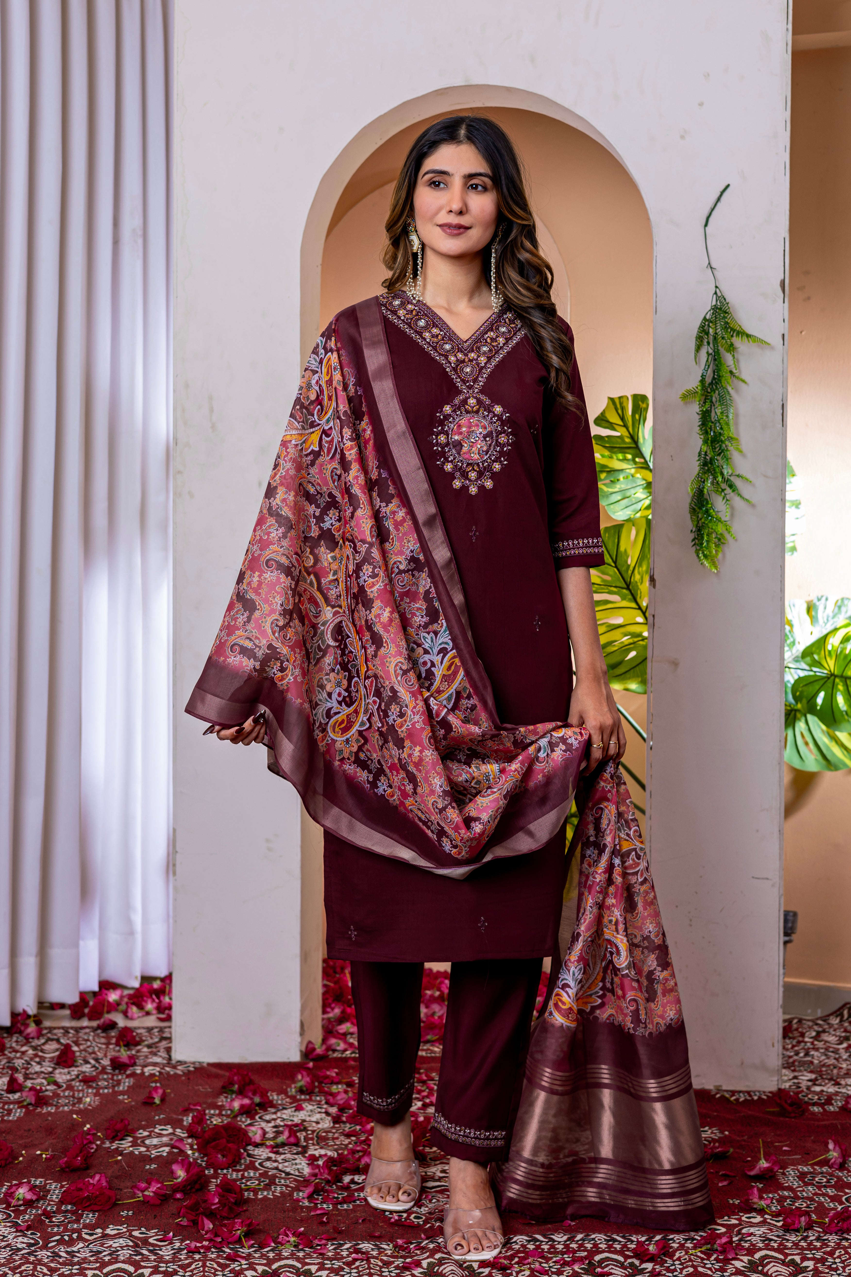 Elegant Straight Kurti Pant Dupatta Set KADV-112 - Wine Kalikar