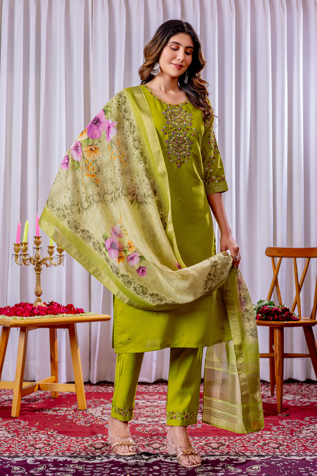 Elegant Straight Kurti Pant Dupatta Set KADV-111 -Parrot Green Kalikar