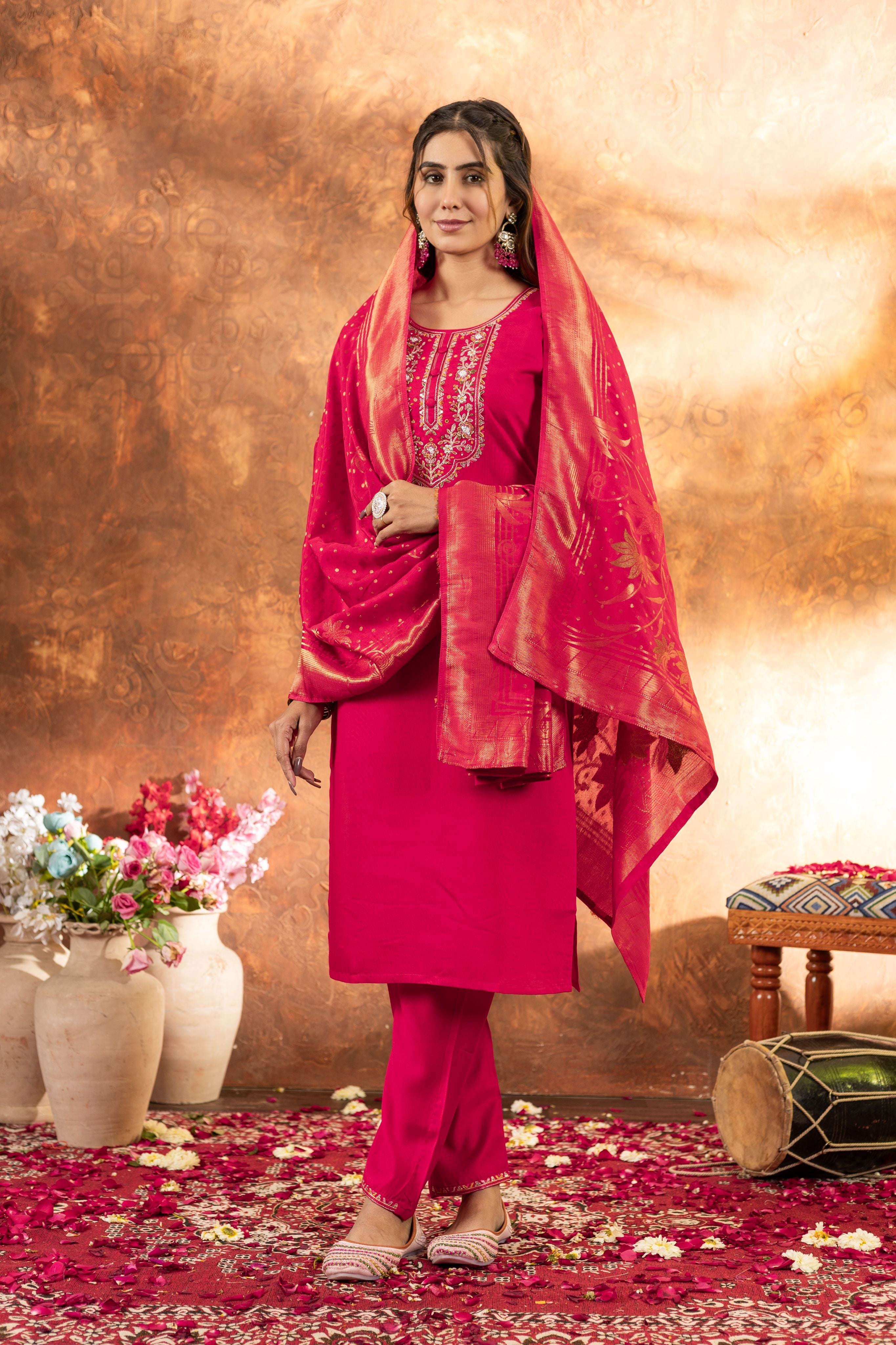 Elegant Straight Kurti Pant Dupatta Set - Pink Kalikar