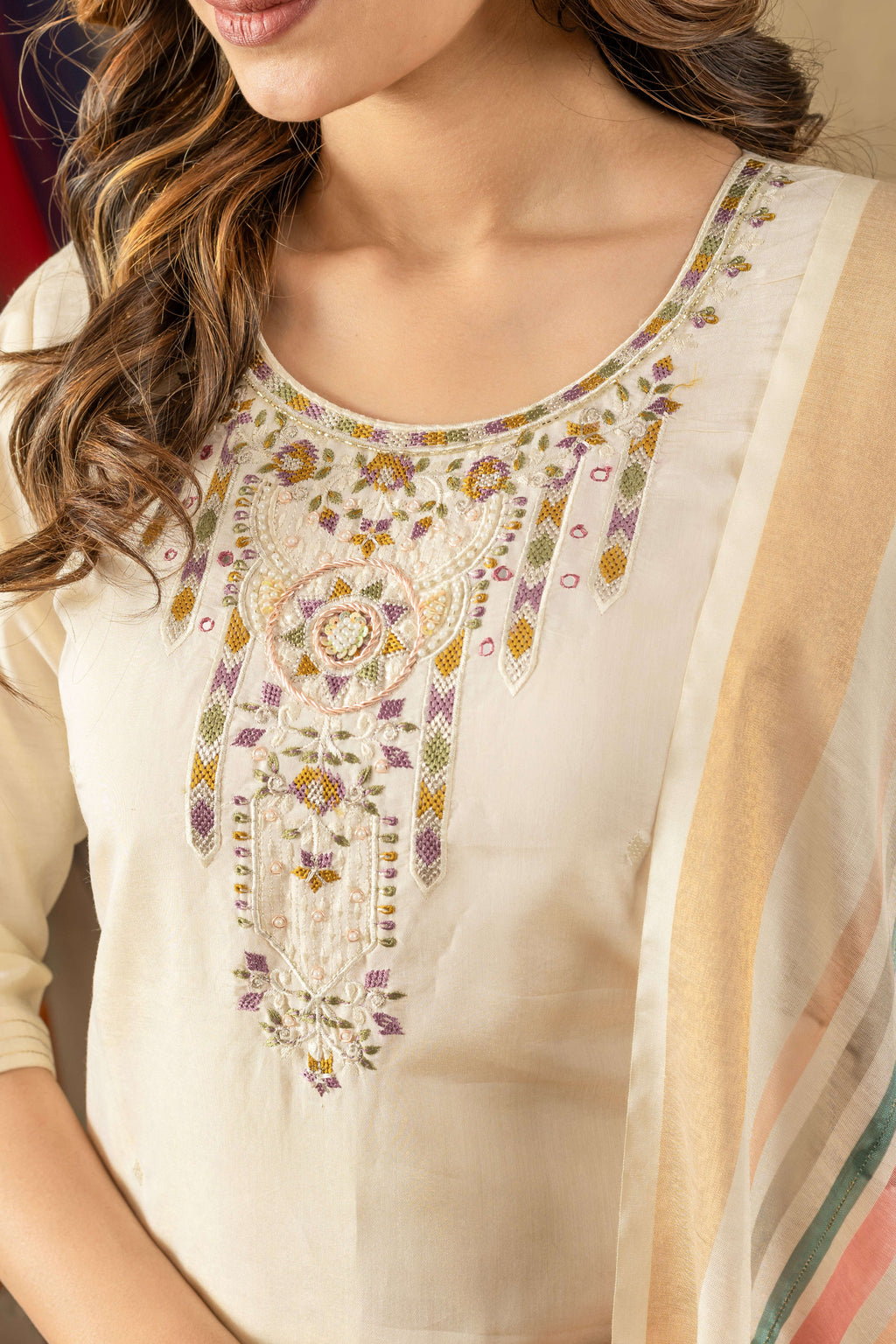 Elegant Straight Kurti Pant Dupatta Set KADV-109 - Off White Kalikar