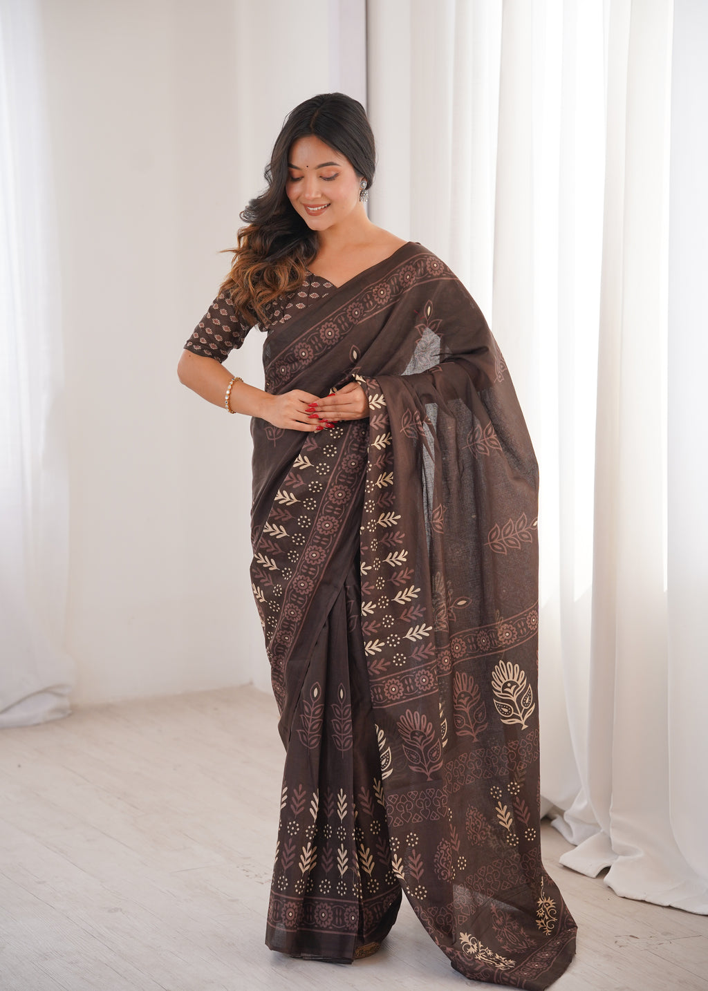 Designer Printed Pure Cotton Saree of Brown