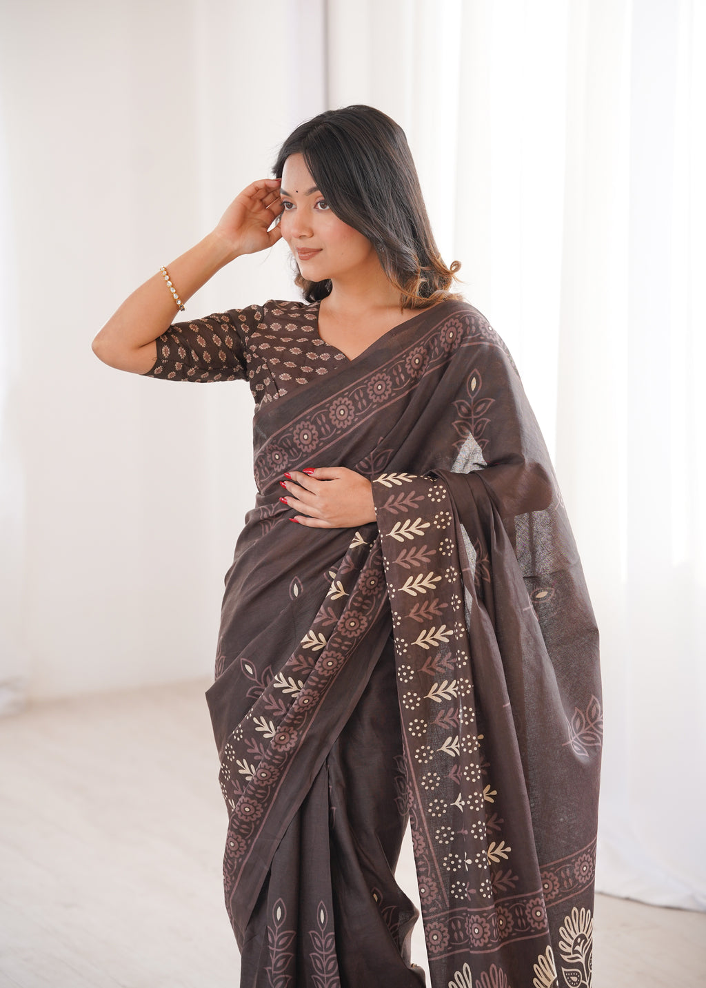 Designer Printed Pure Cotton Saree of Brown