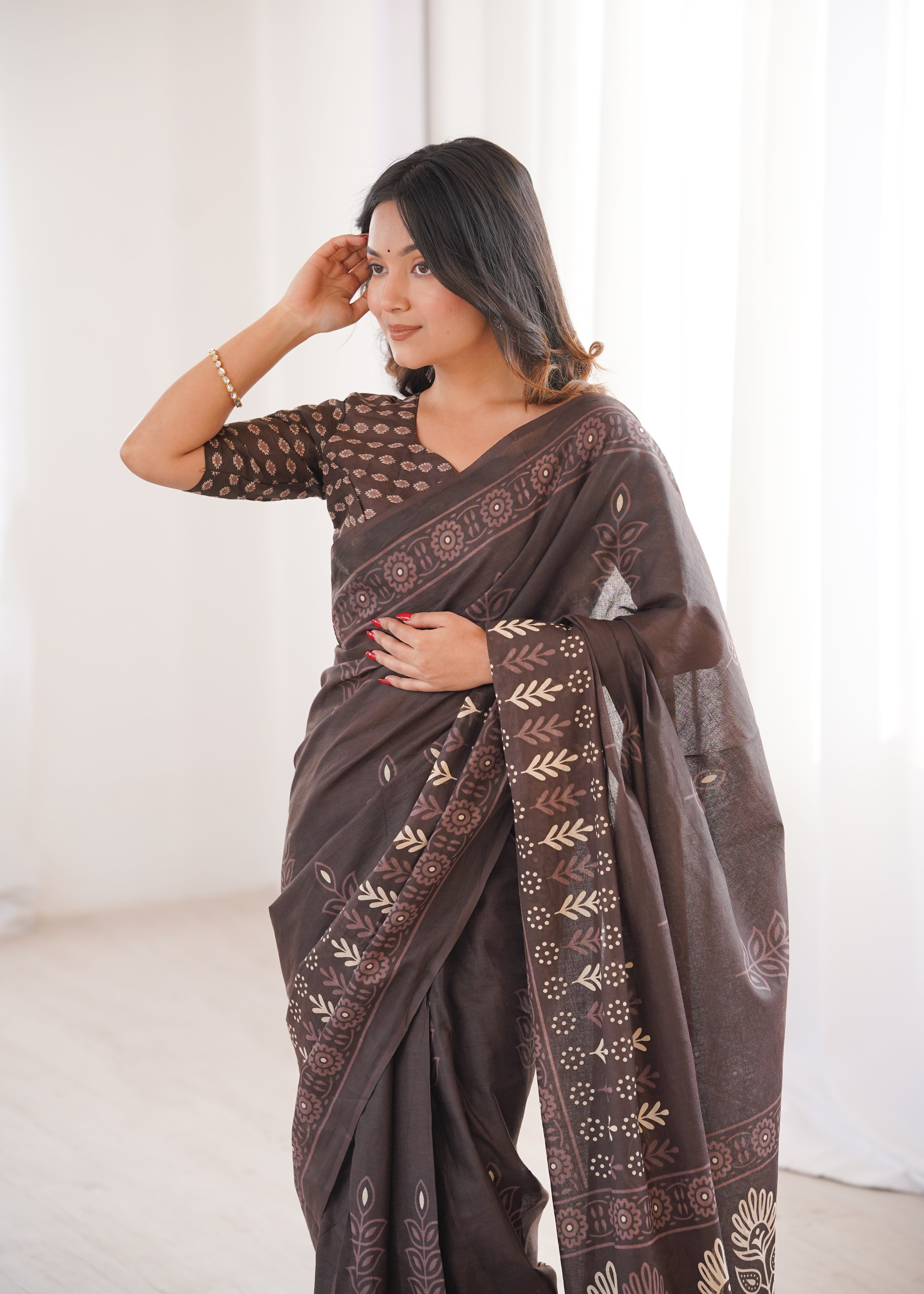 Designer Printed Pure Cotton Saree of Brown