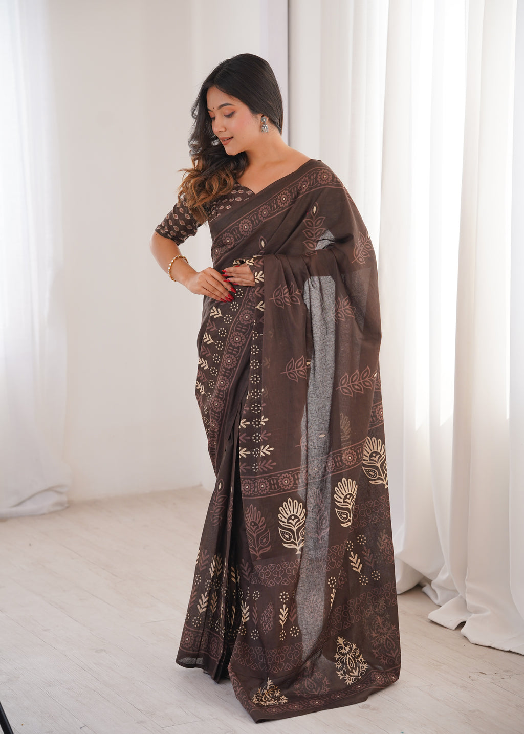 Designer Printed Pure Cotton Saree of Brown