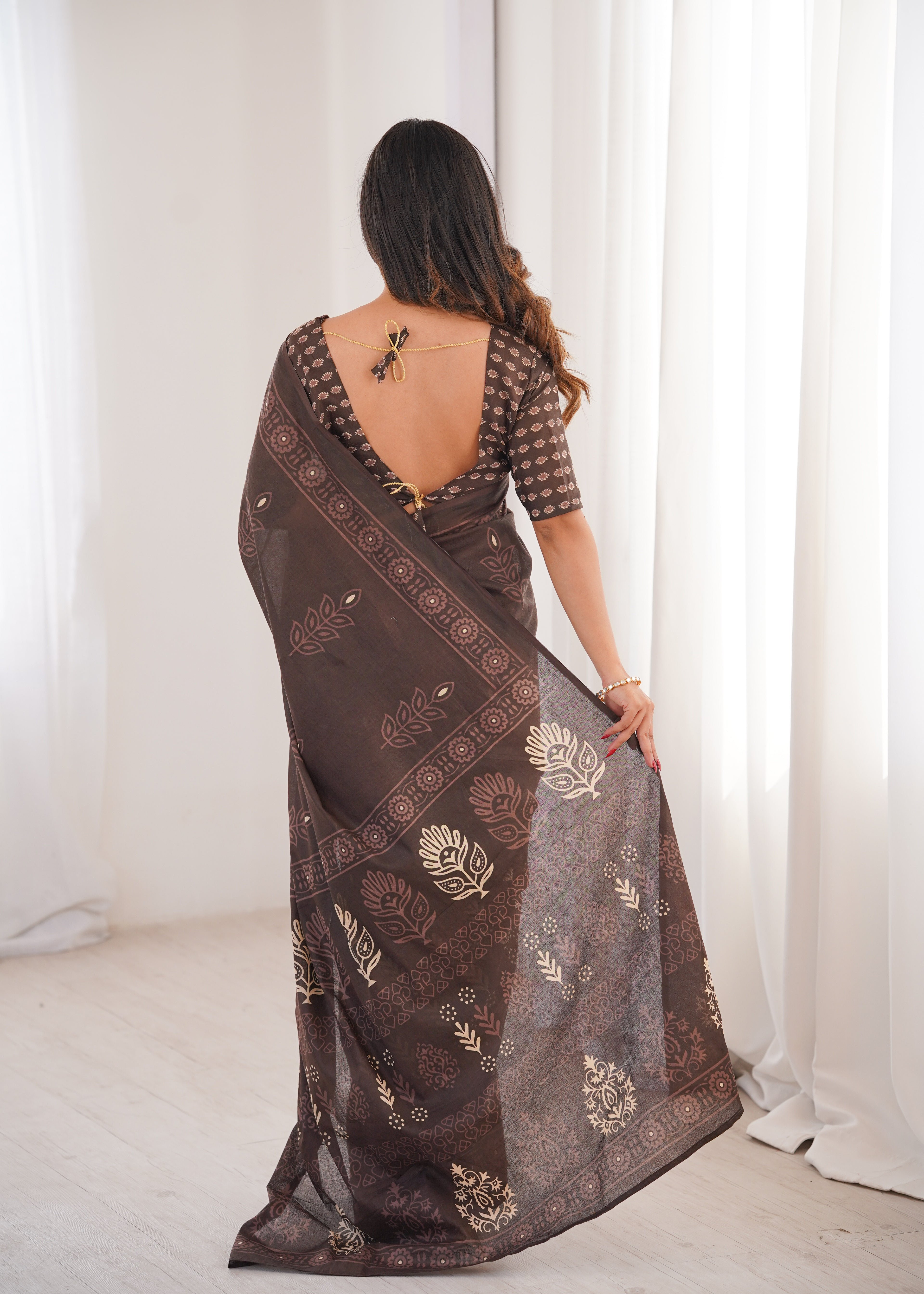 Designer Printed Pure Cotton Saree of Brown