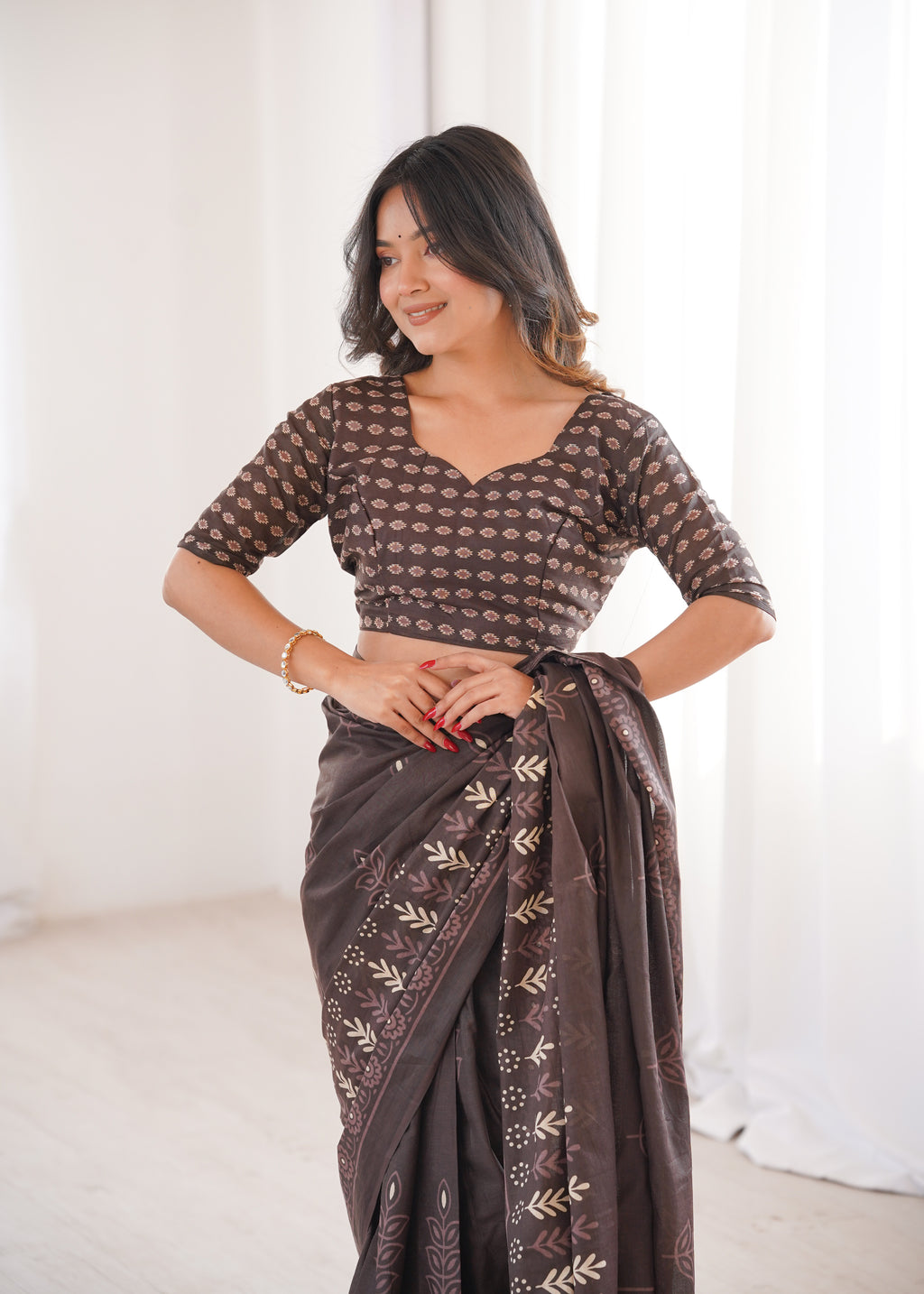 Designer Printed Pure Cotton Saree of Brown