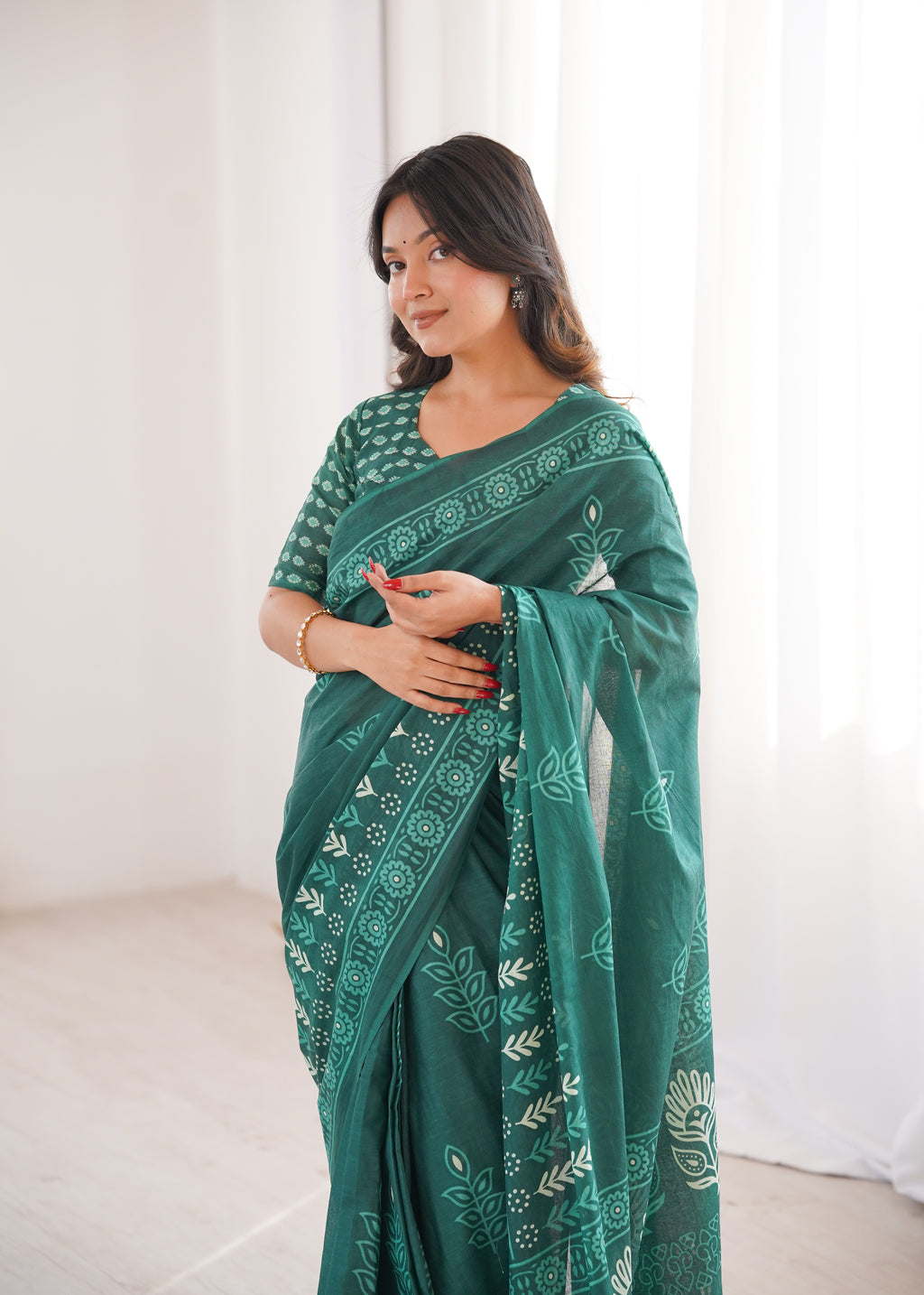 Designer Printed Pure Cotton Saree of Green