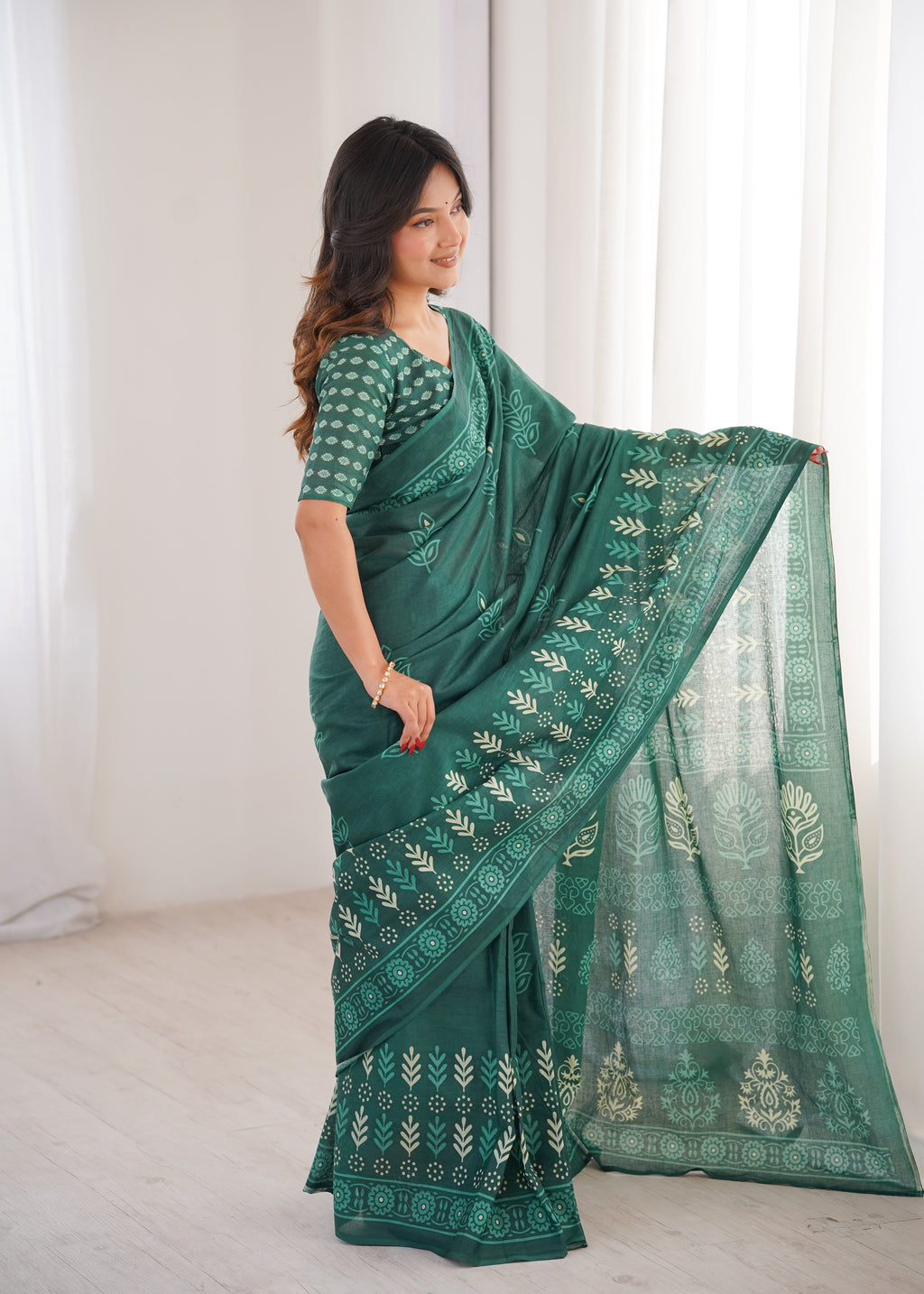 Designer Printed Pure Cotton Saree of Green