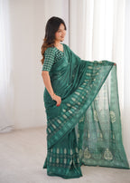 Designer Printed Pure Cotton Saree of Green