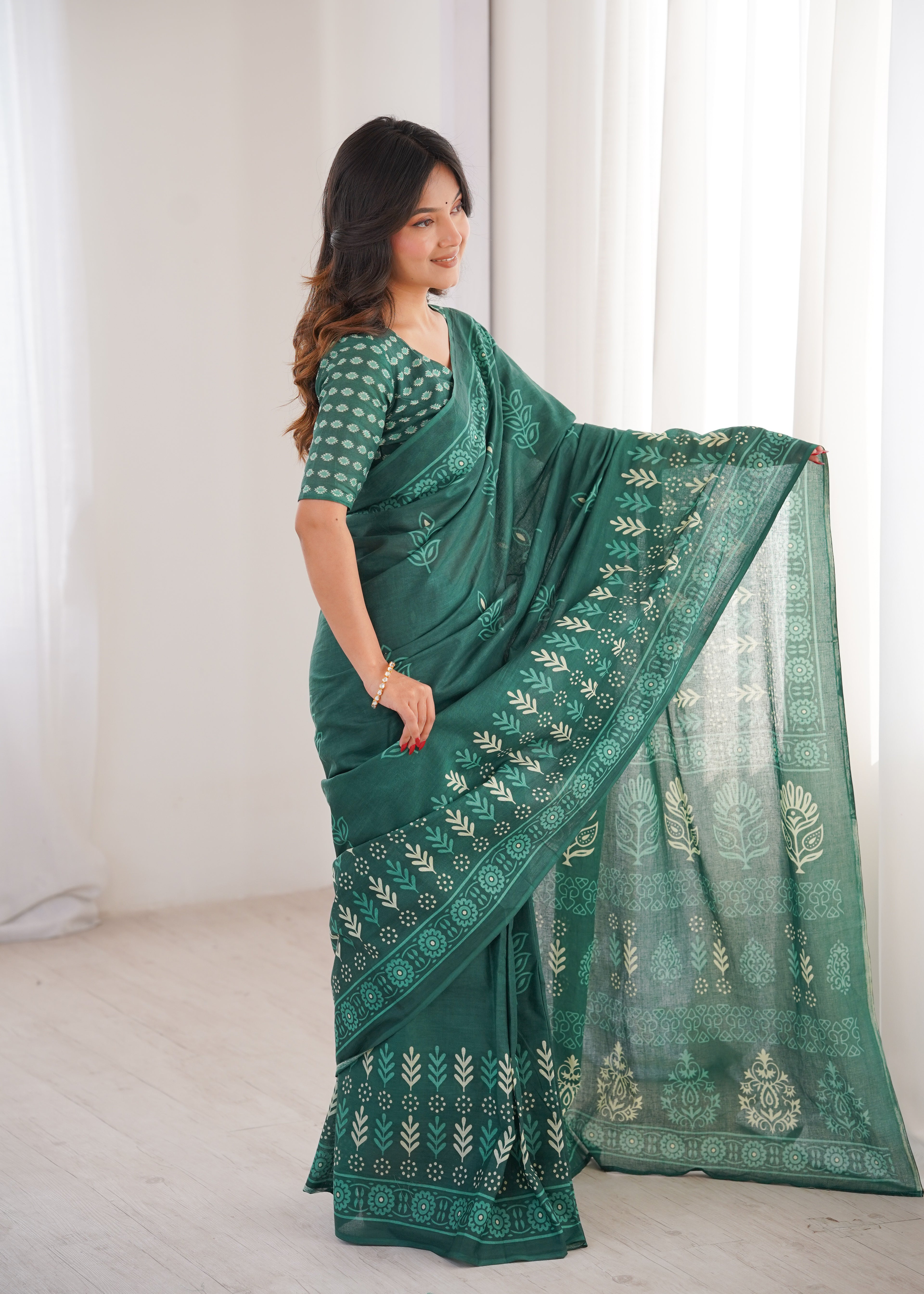 Designer Printed Pure Cotton Saree of Green
