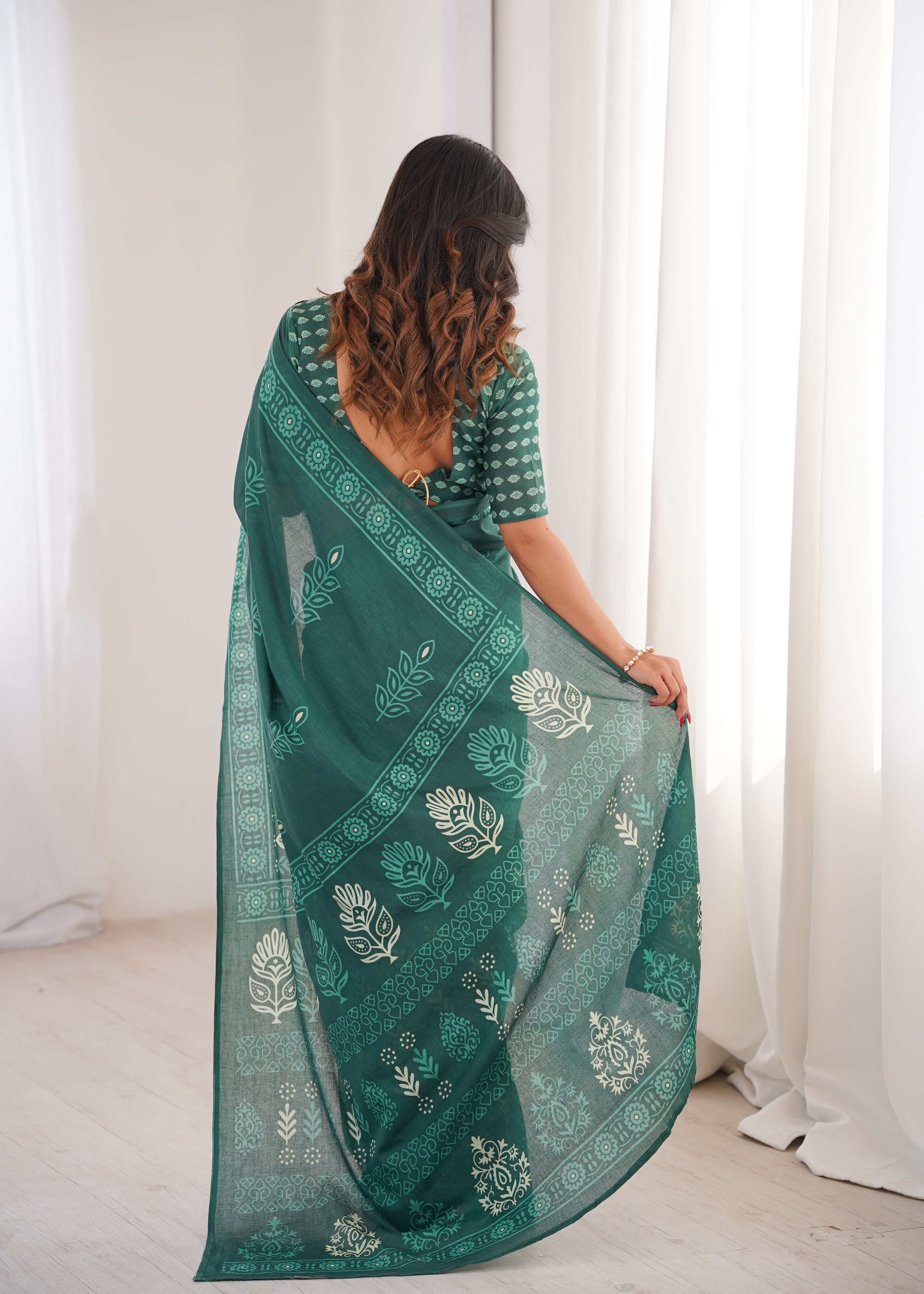Designer Printed Pure Cotton Saree of Green