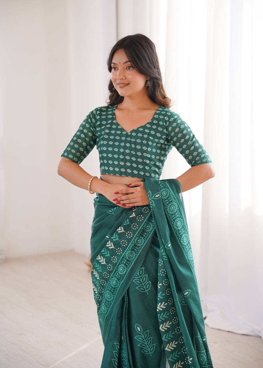 Designer Printed Pure Cotton Saree of Green
