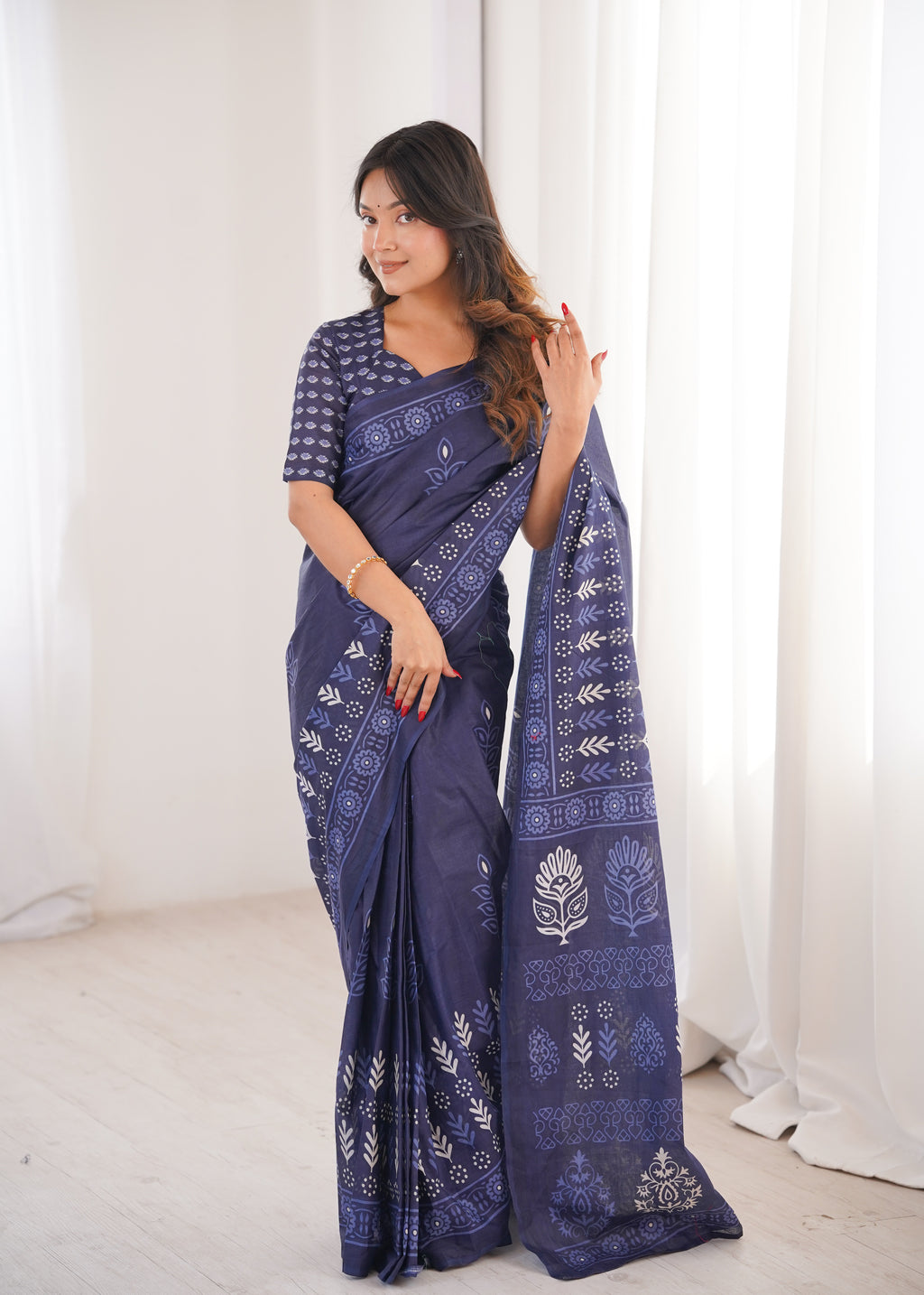 Designer Printed Pure Cotton Saree of Blue