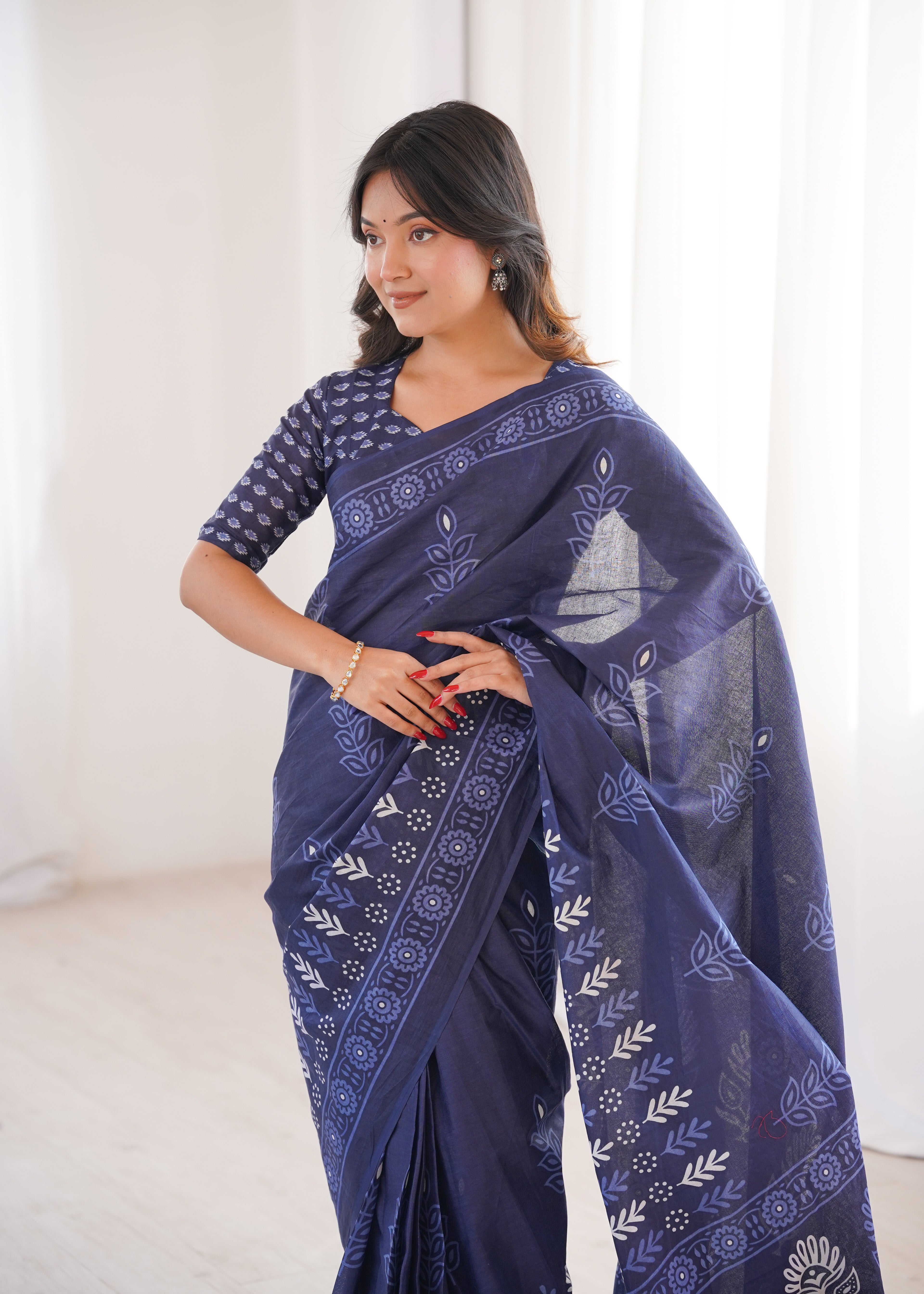 Designer Printed Pure Cotton Saree of Blue