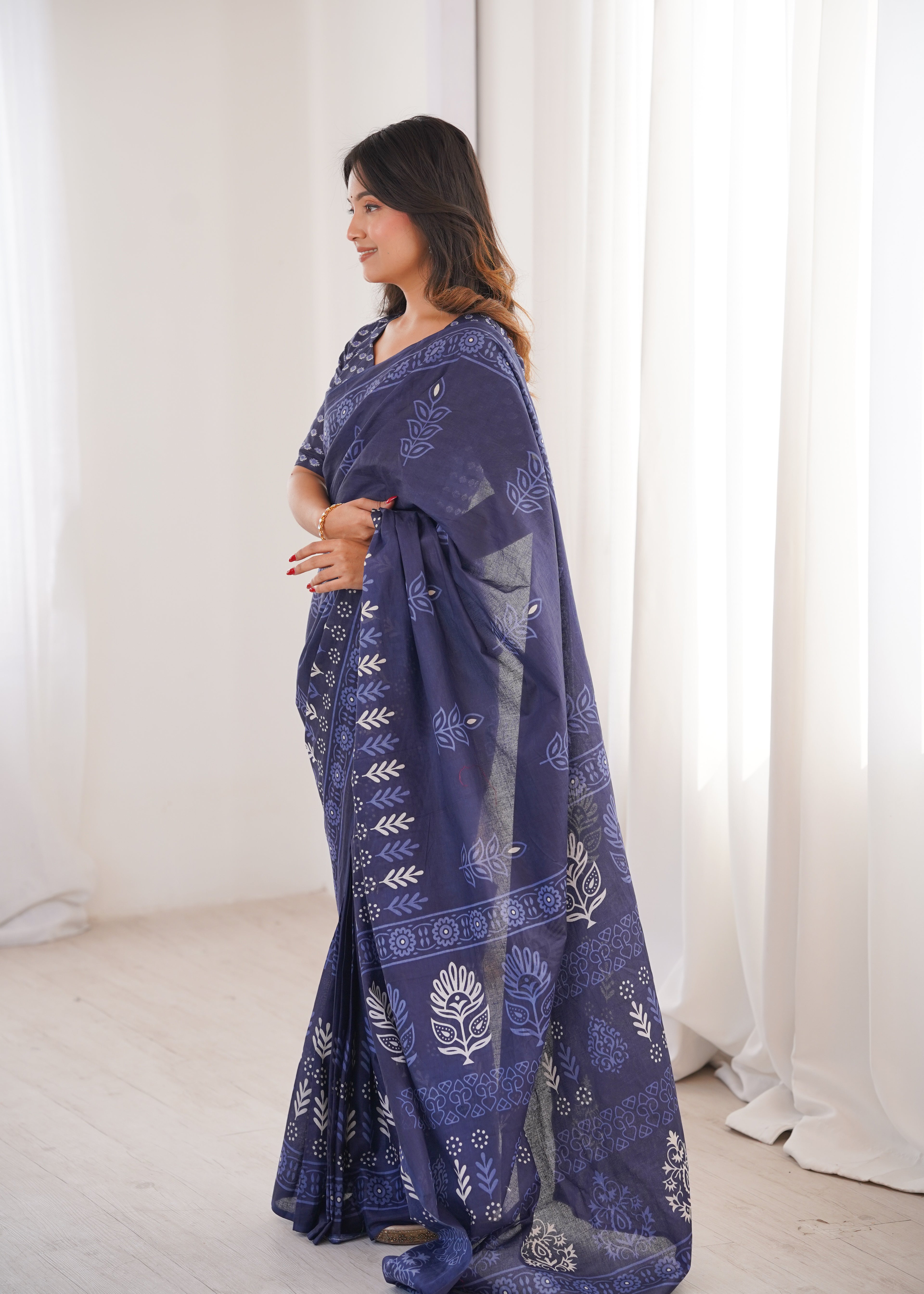 Designer Printed Pure Cotton Saree of Blue