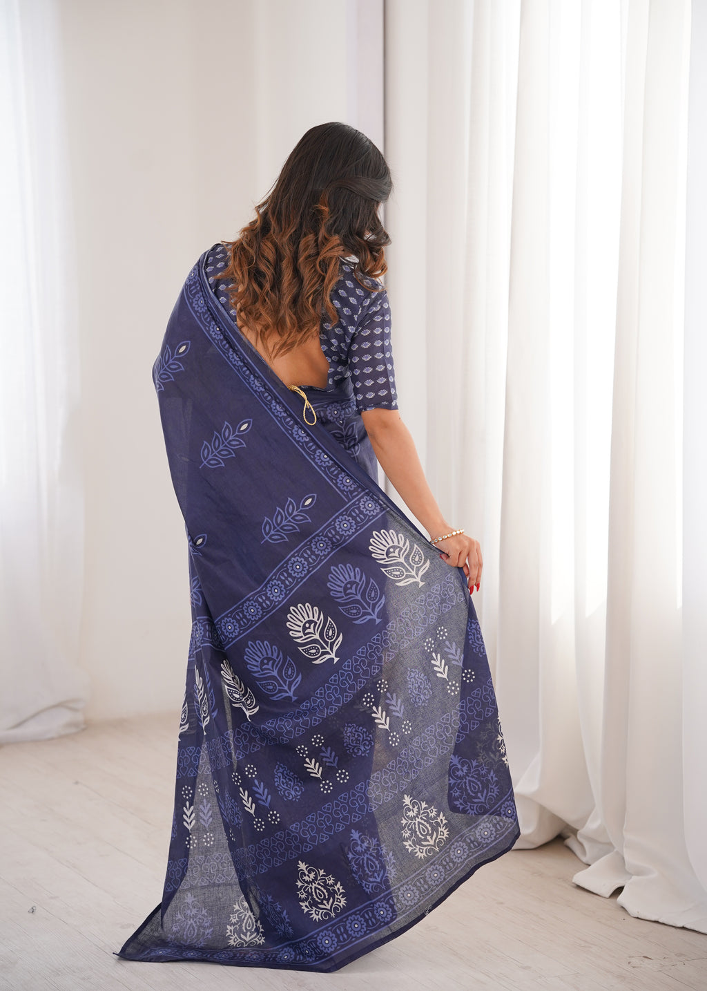 Designer Printed Pure Cotton Saree of Blue