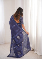 Designer Printed Pure Cotton Saree of Blue