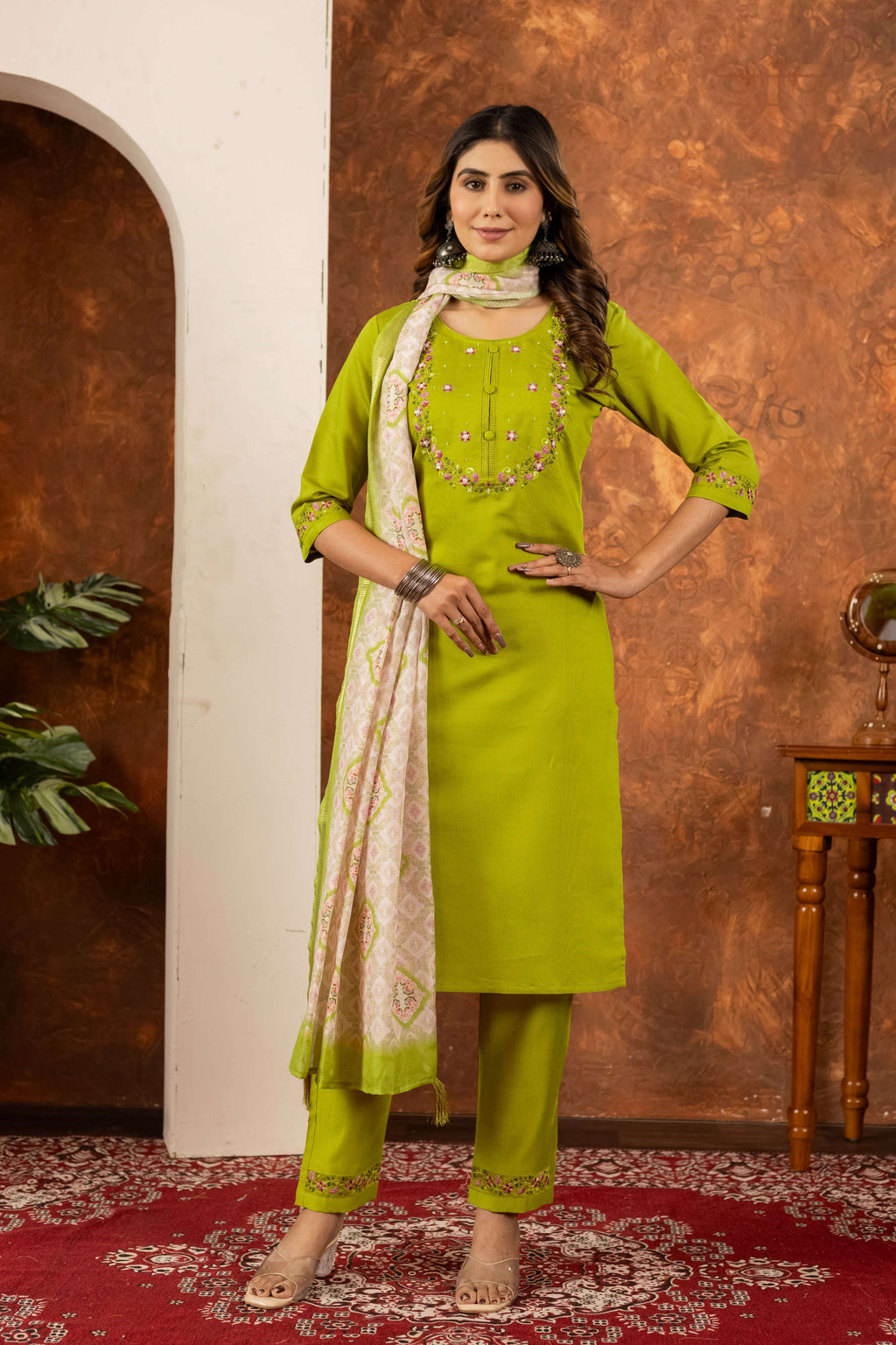 Elegant Straight Kurti Pant Dupatta Set - Parrot Green Kalikar