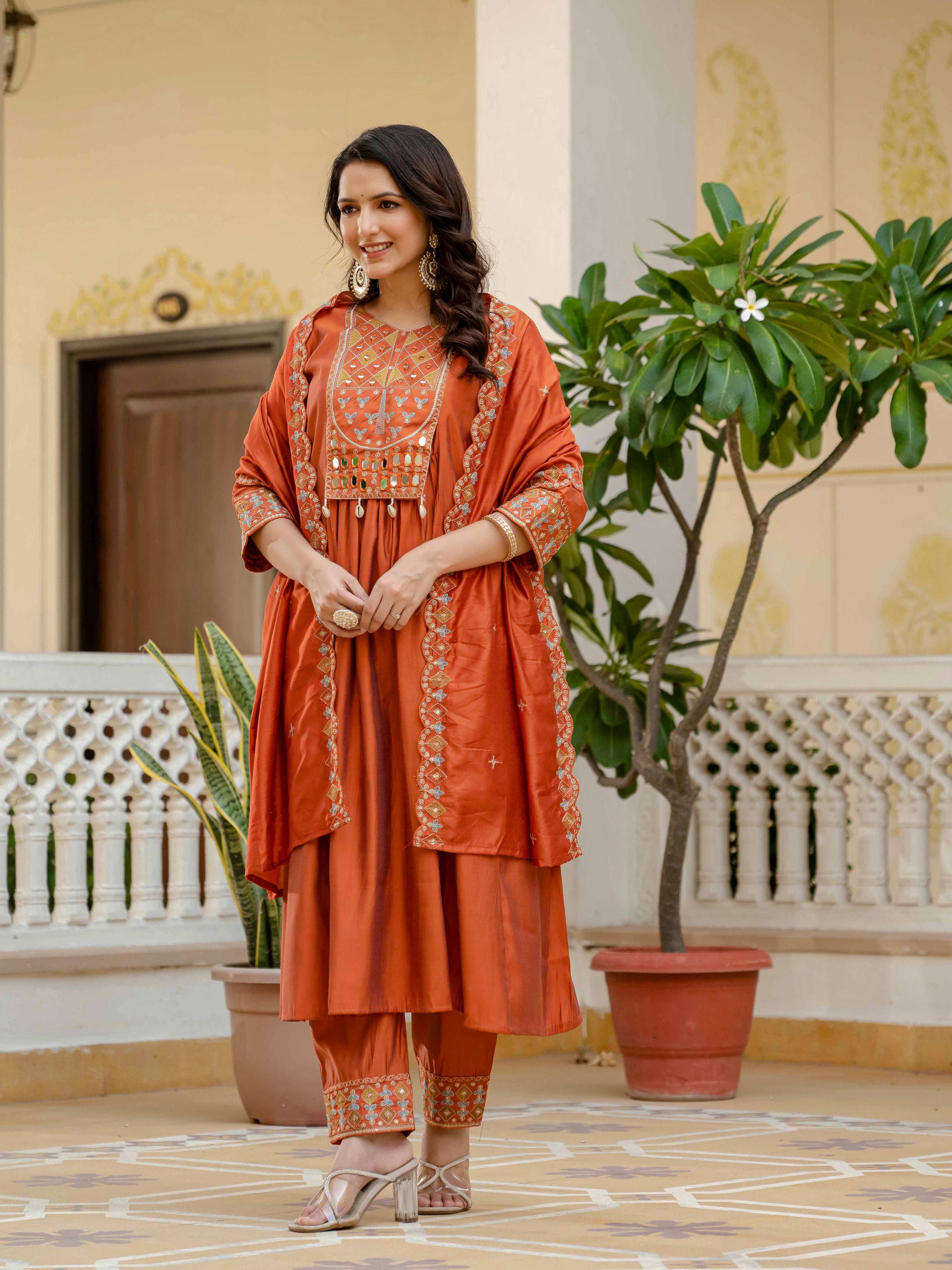 Elegant Straight Anarkali Kurta Set KADV-126- Orange