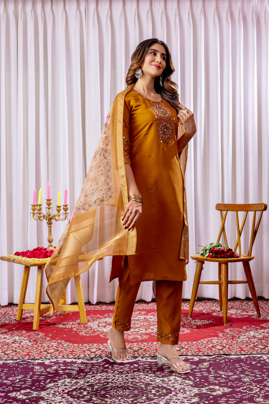 Elegant Straight Kurti Pant Dupatta Set KADV-111 -Mustard Kalikar