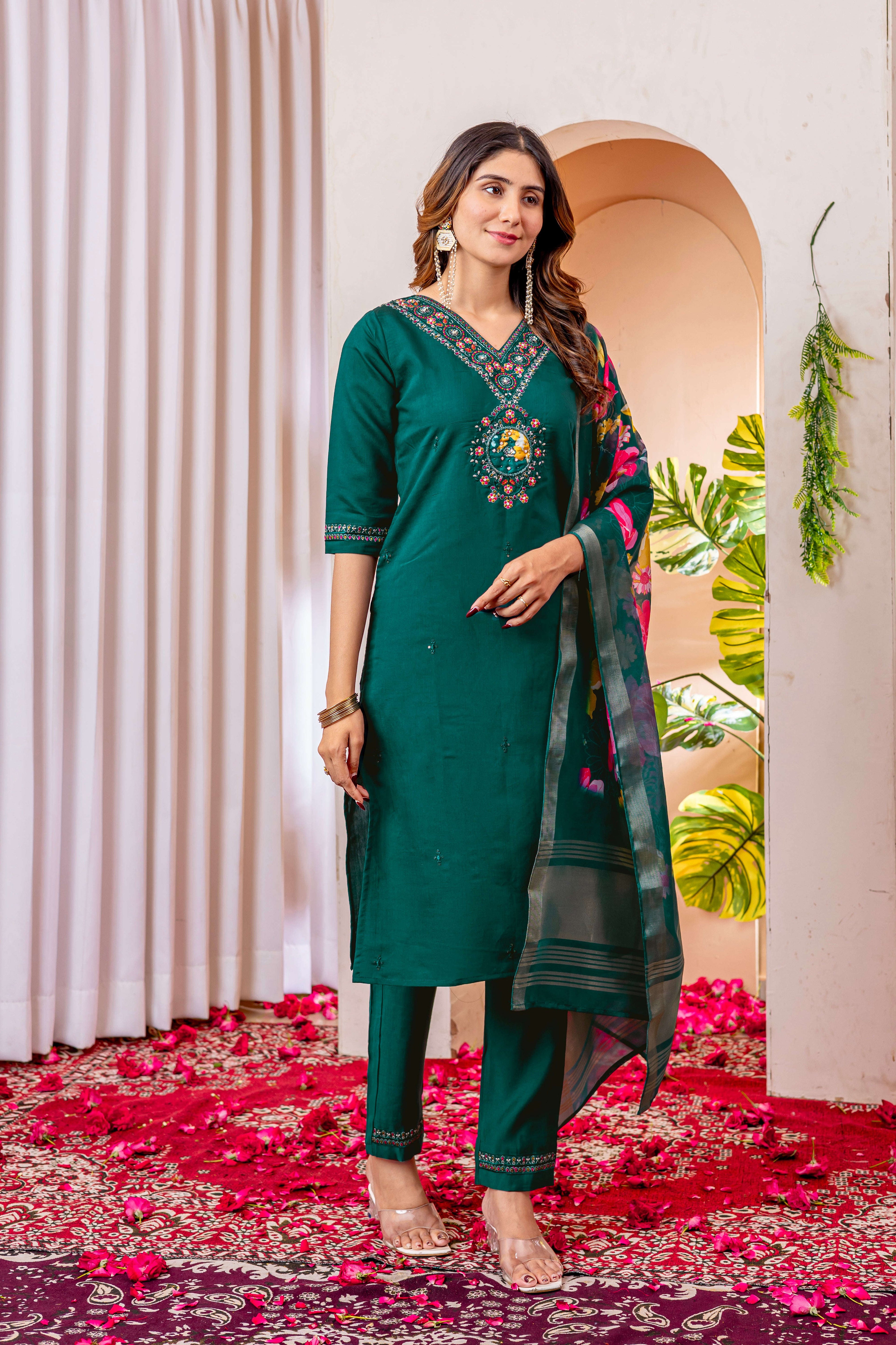 Elegant Straight Kurti Pant Dupatta Set KADV-112 - Green Kalikar