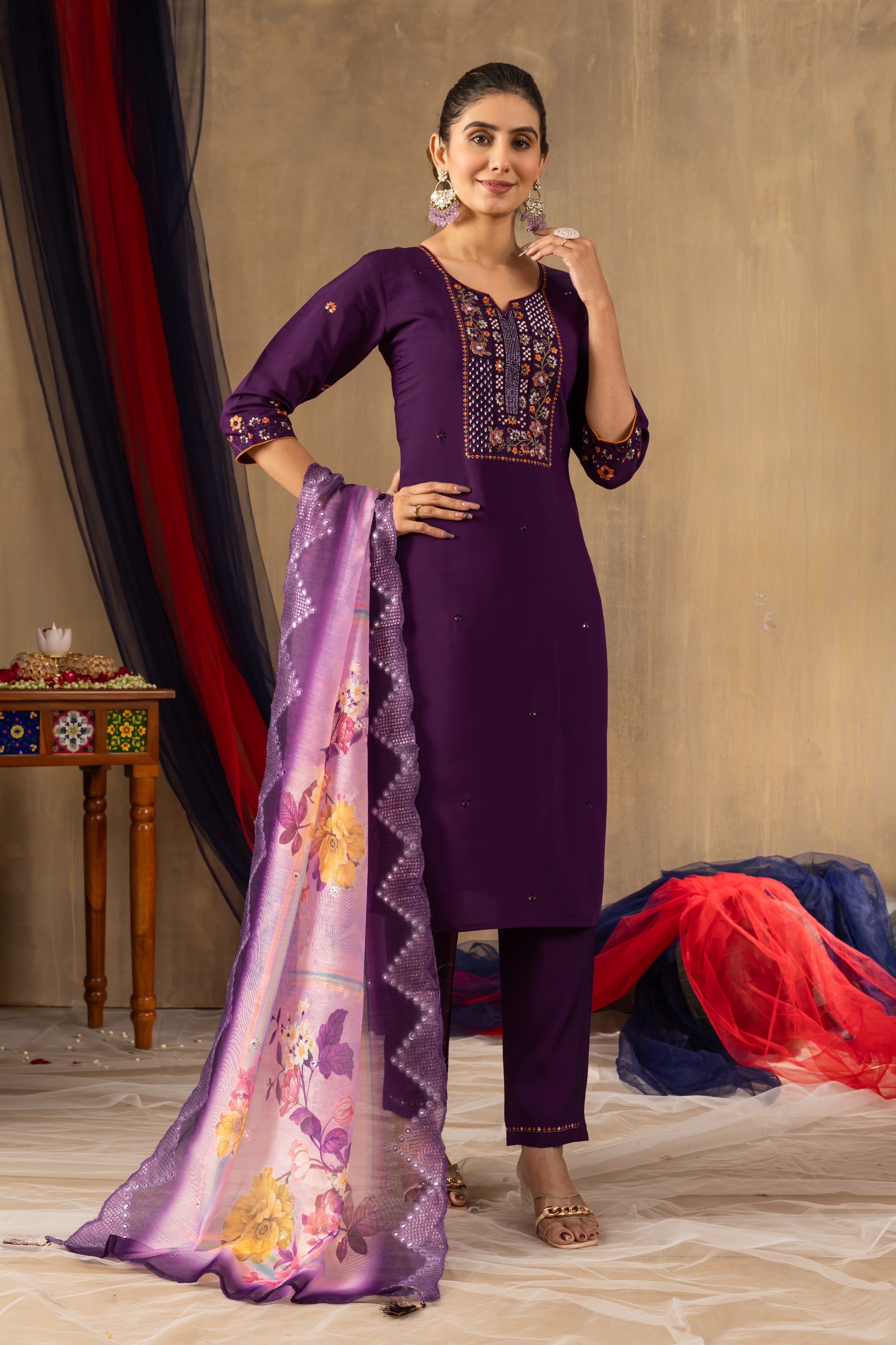 Elegant Straight Kurti Pant Dupatta Set KADV-108 - Purple