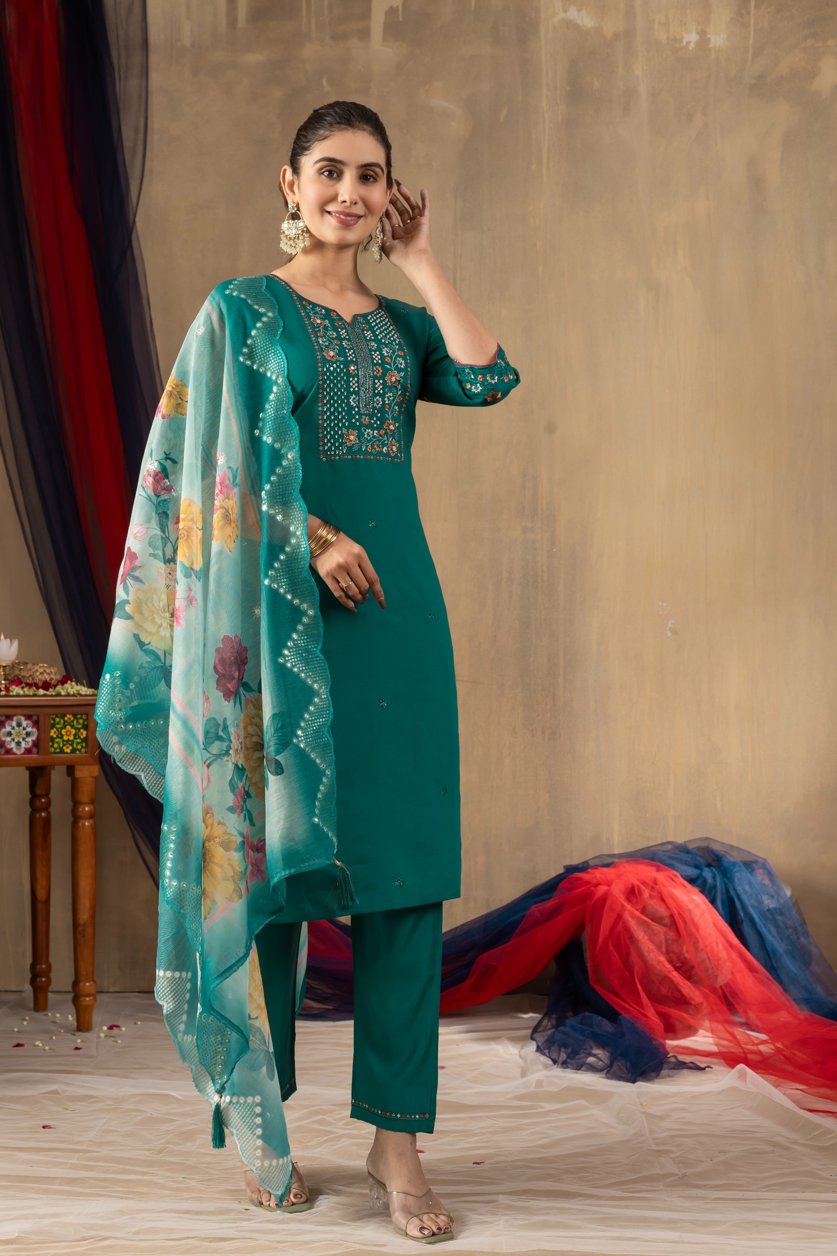 Elegant Straight Kurti Pant Dupatta Set KADV-108 - Rama Green