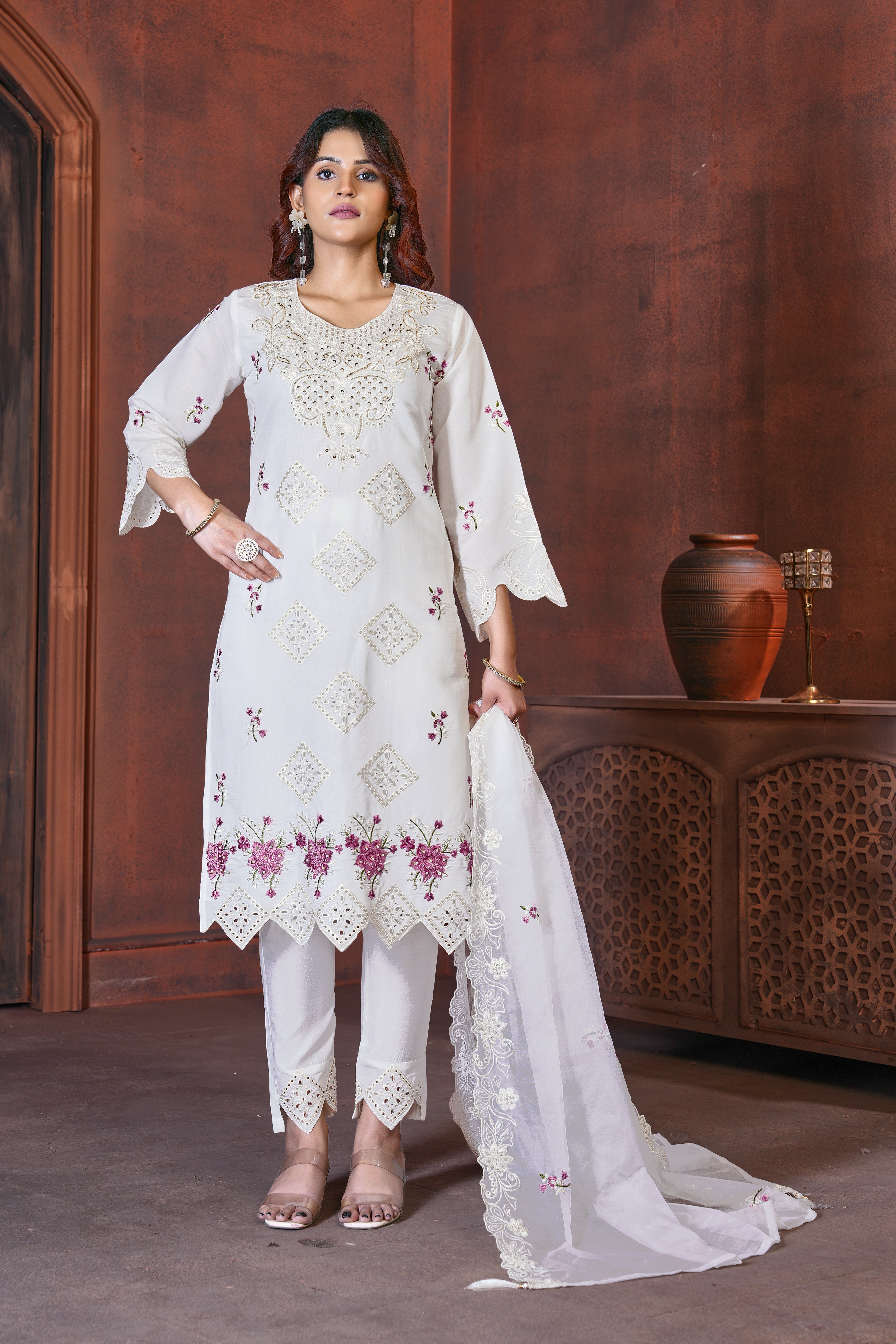Elegant Straight Kurti Pant Dupatta Set of White
