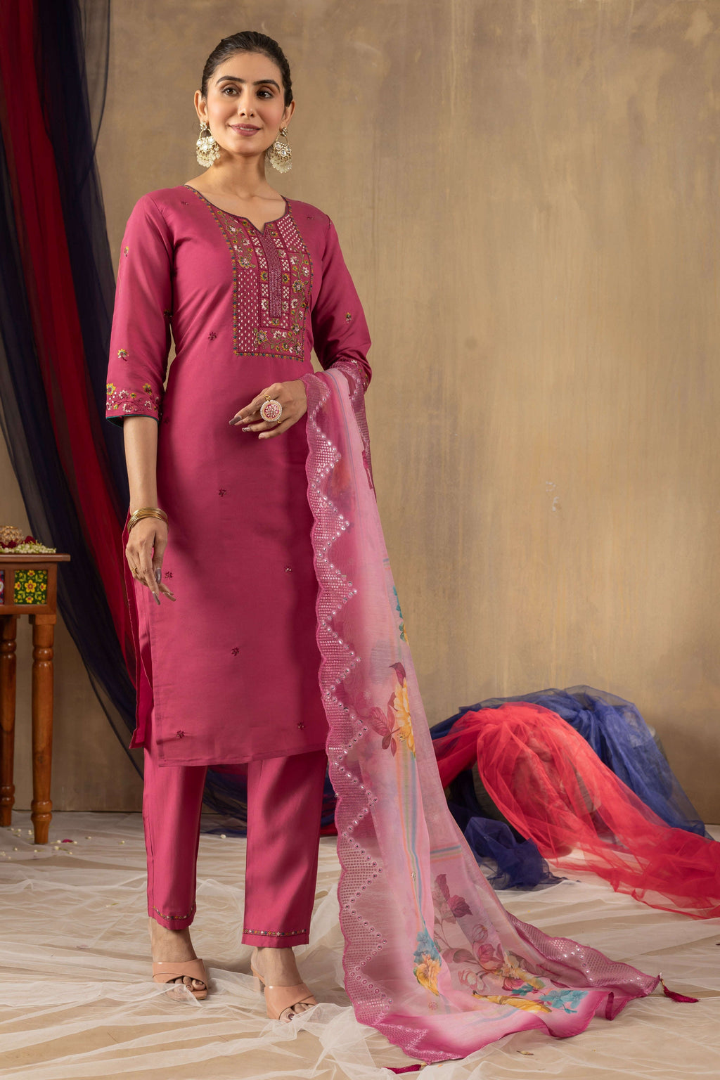 Elegant Straight Kurti Pant Dupatta Set KADV-108 - Pink Kalikar