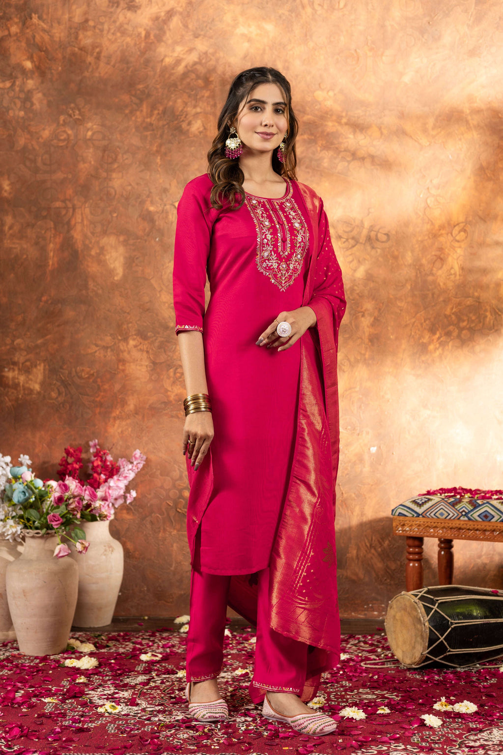 Elegant Straight Kurti Pant Dupatta Set - Pink Kalikar