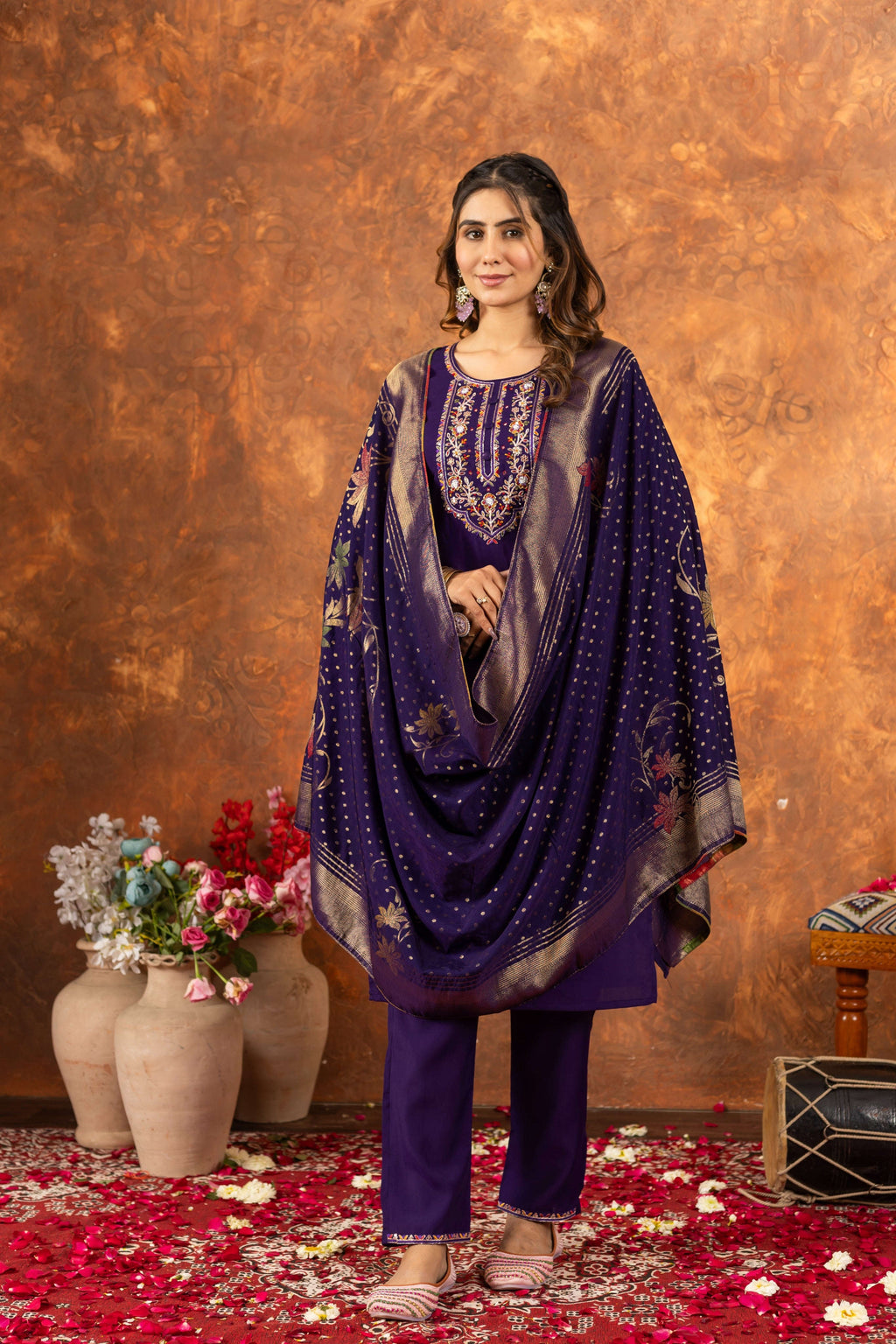 Elegant Straight Kurti Pant Dupatta Set KADV-103 - Purple Kalikar