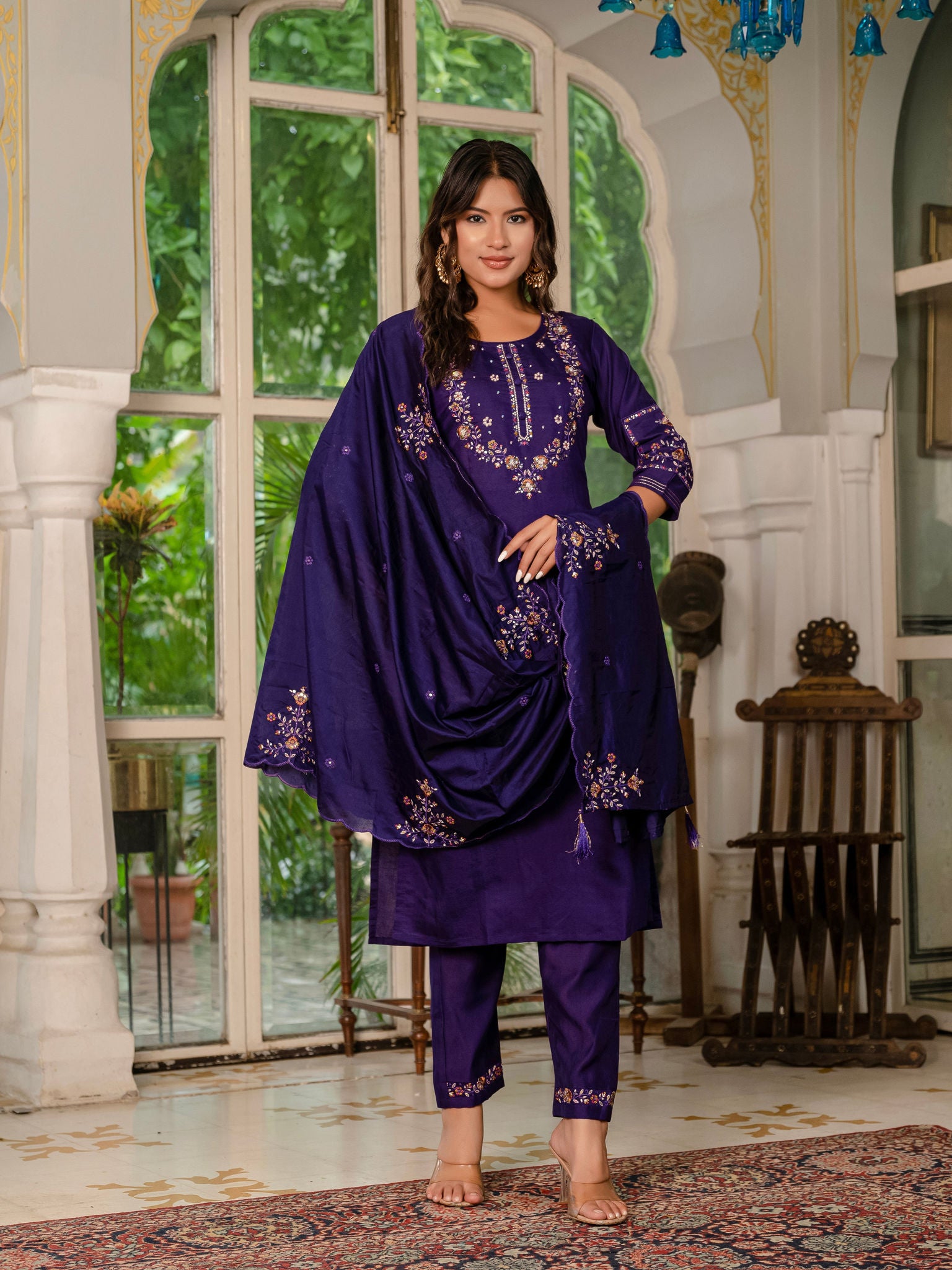 Elegant Straight Kurti Pant Dupatta Set KADV-116 - Violet Kalikar