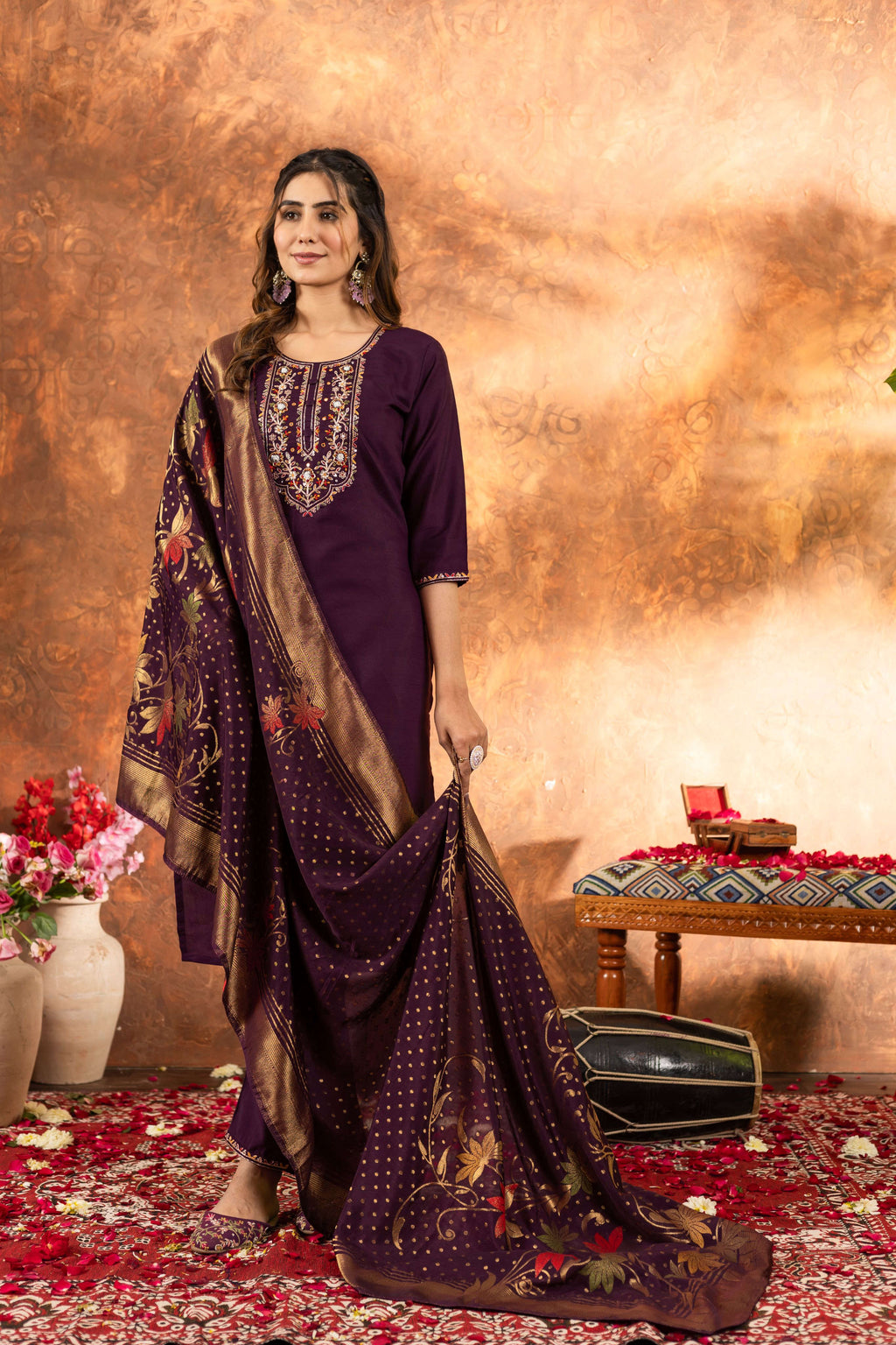 Elegant Straight Kurti Pant Dupatta Set KADV-103 - Wine Kalikar
