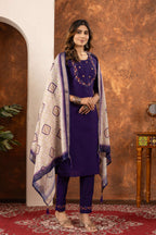 Elegant Straight Kurti Pant Dupatta Set - Purple Kalikar