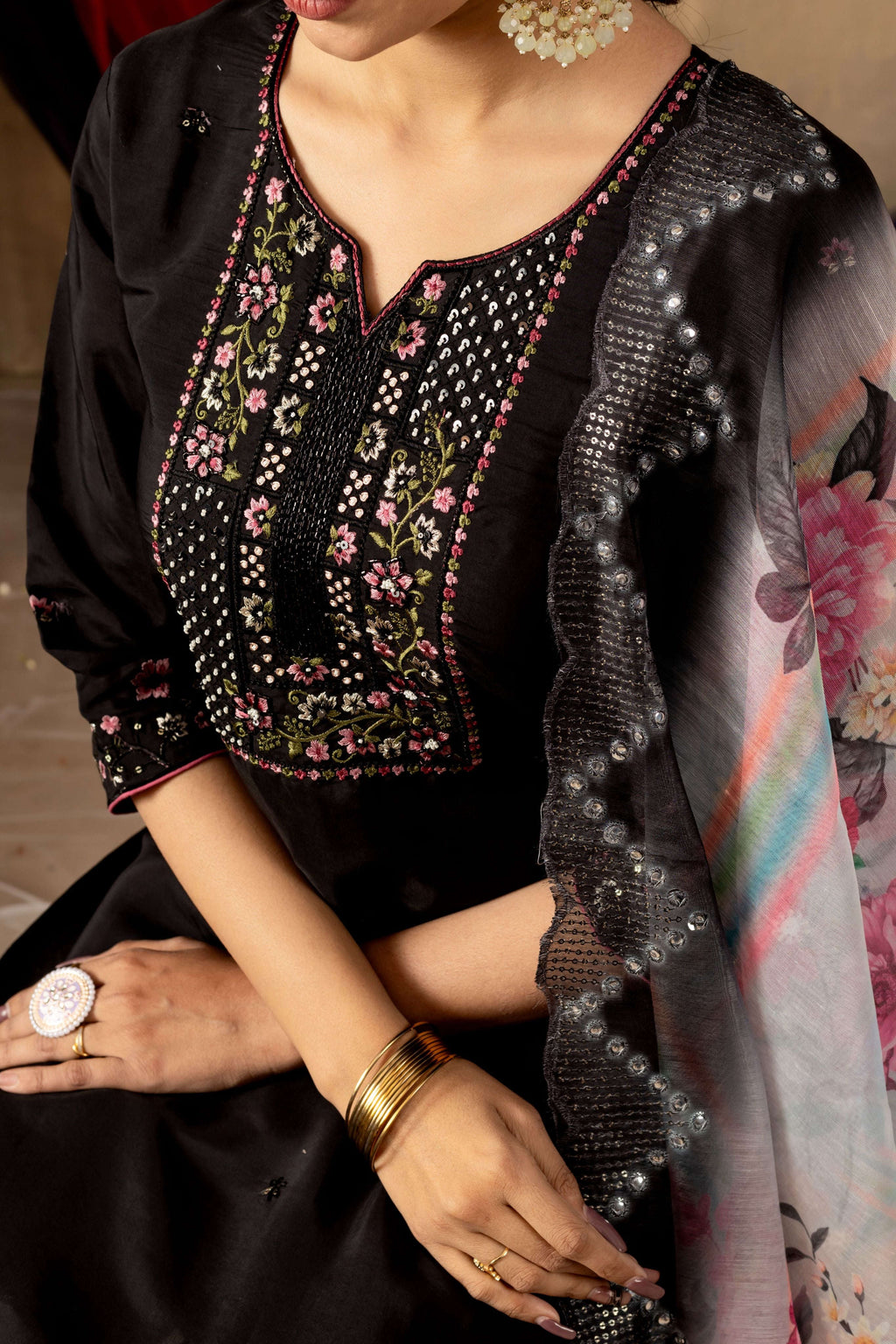 Elegant Straight Kurti Pant Dupatta Set KADV-108 - Black Kalikar