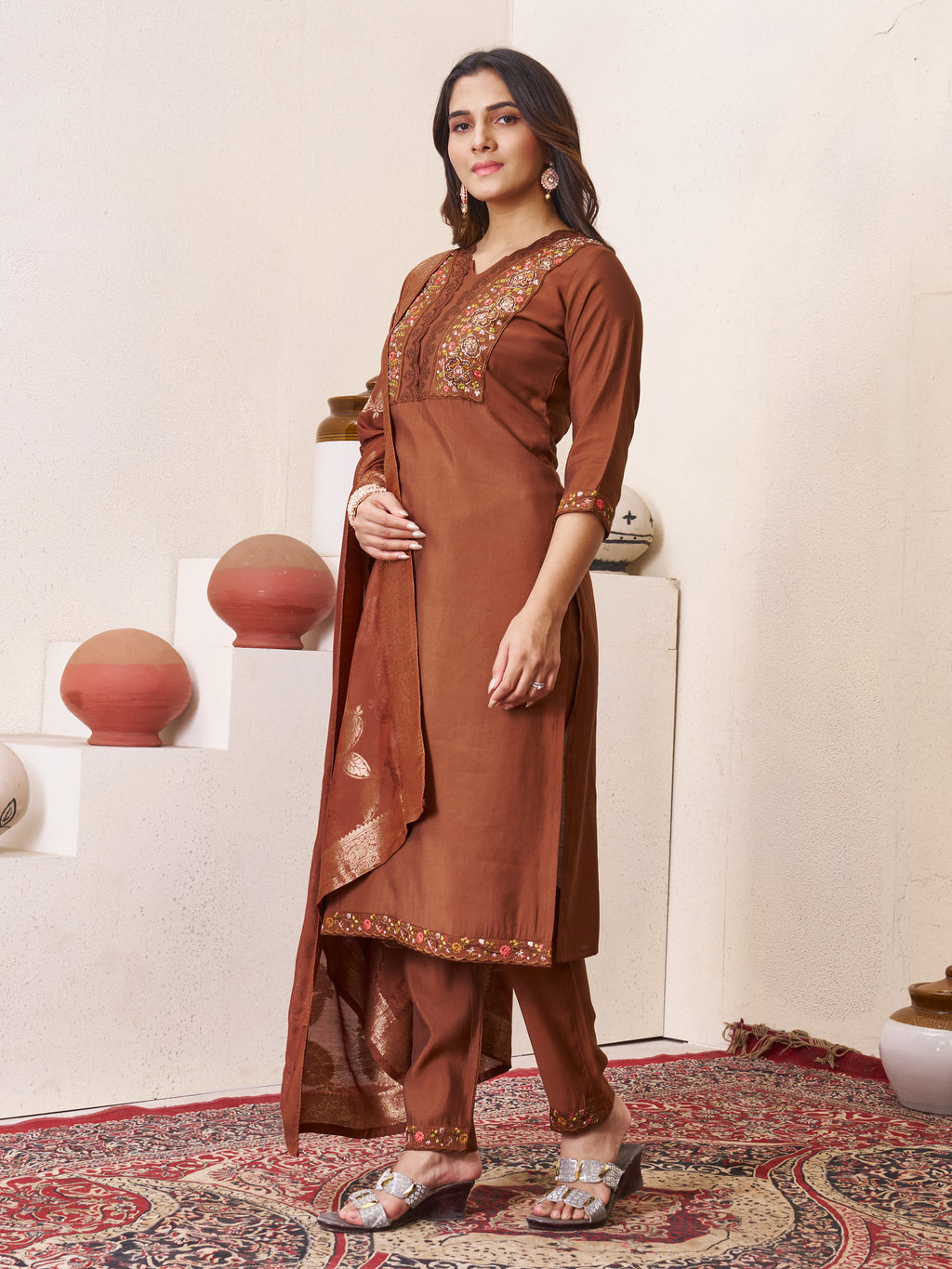 Elegant Straight Kurti Pant Dupatta Set of Coffee