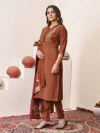 Elegant Straight Kurti Pant Dupatta Set of Coffee