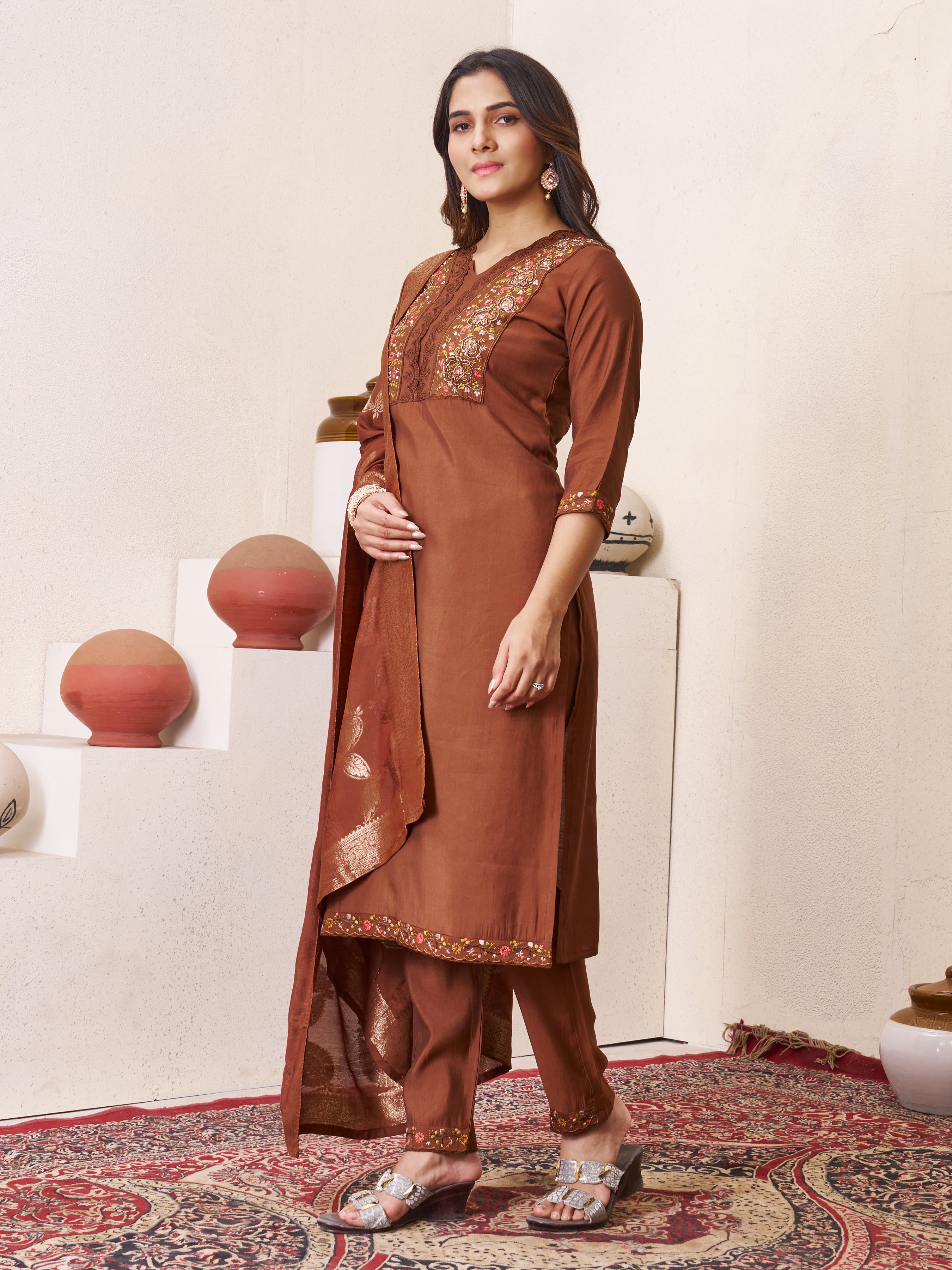 Elegant Straight Kurti Pant Dupatta Set of Coffee