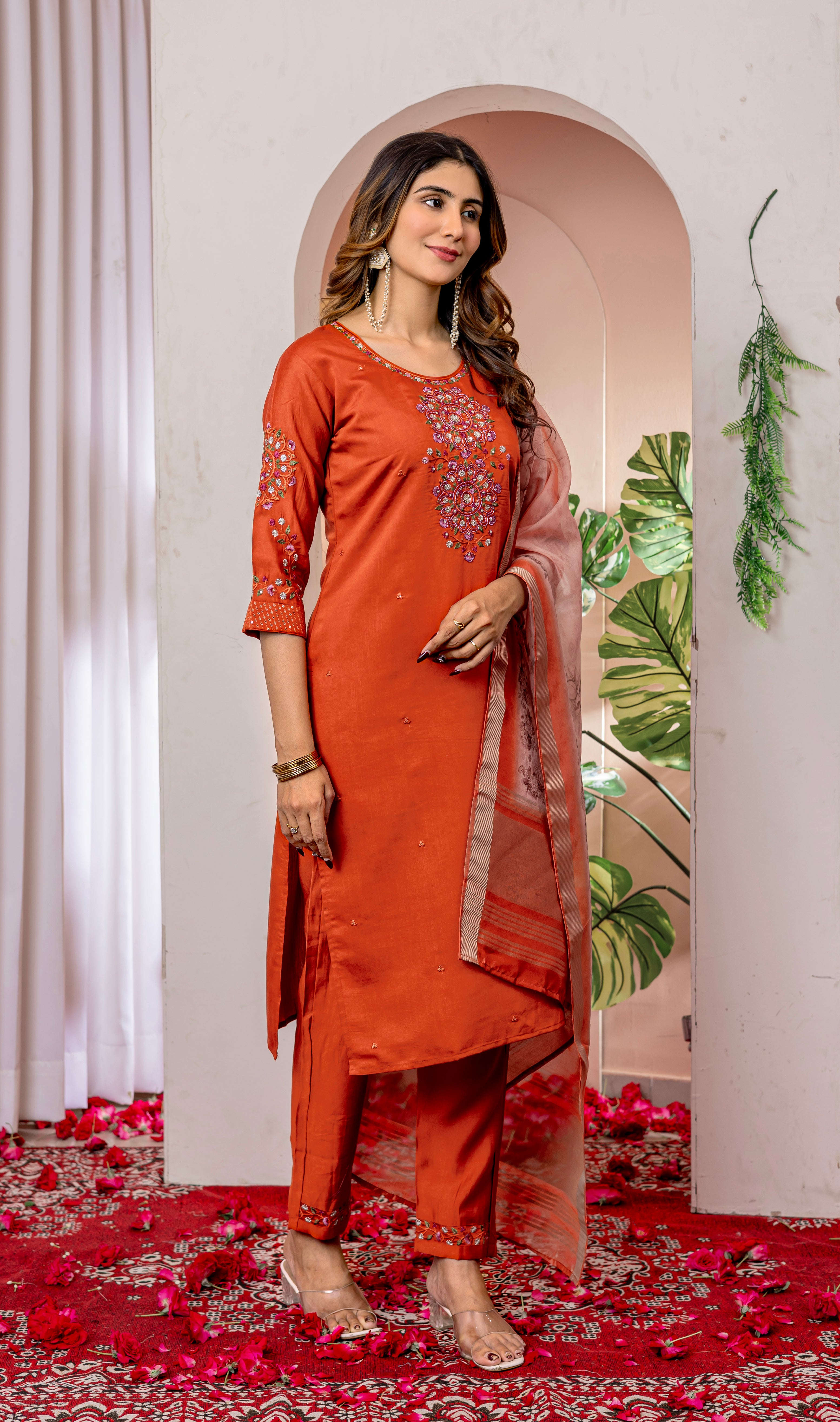 Elegant Straight Kurti Pant Dupatta Set KADV-111 -Orange Kalikar