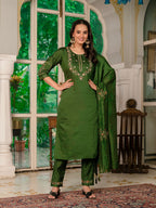 Elegant Straight Kurti Pant Dupatta Set KADV-116 - Mehndi Green Kalikar