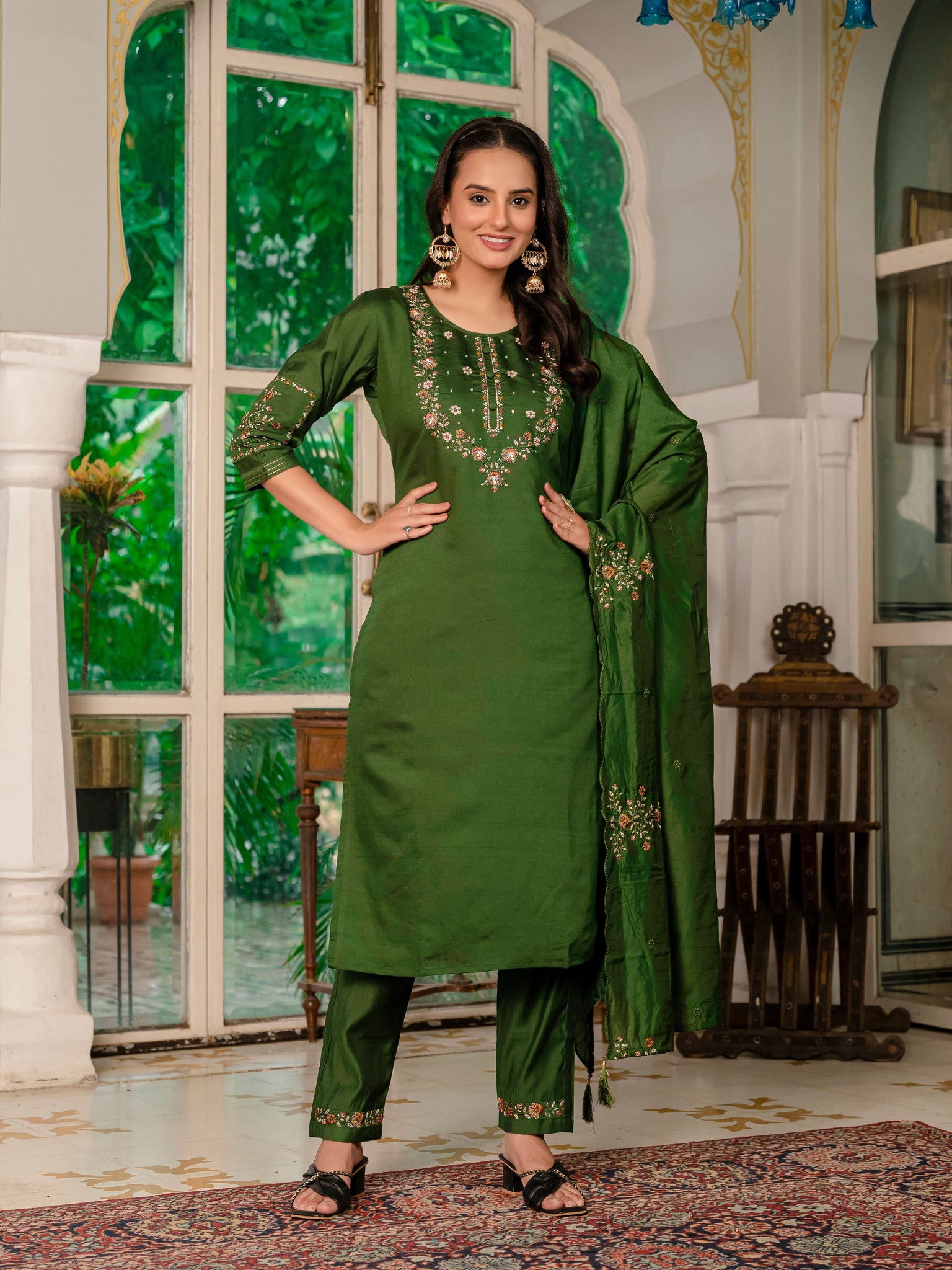 Elegant Straight Kurti Pant Dupatta Set KADV-116 - Mehndi Green Kalikar