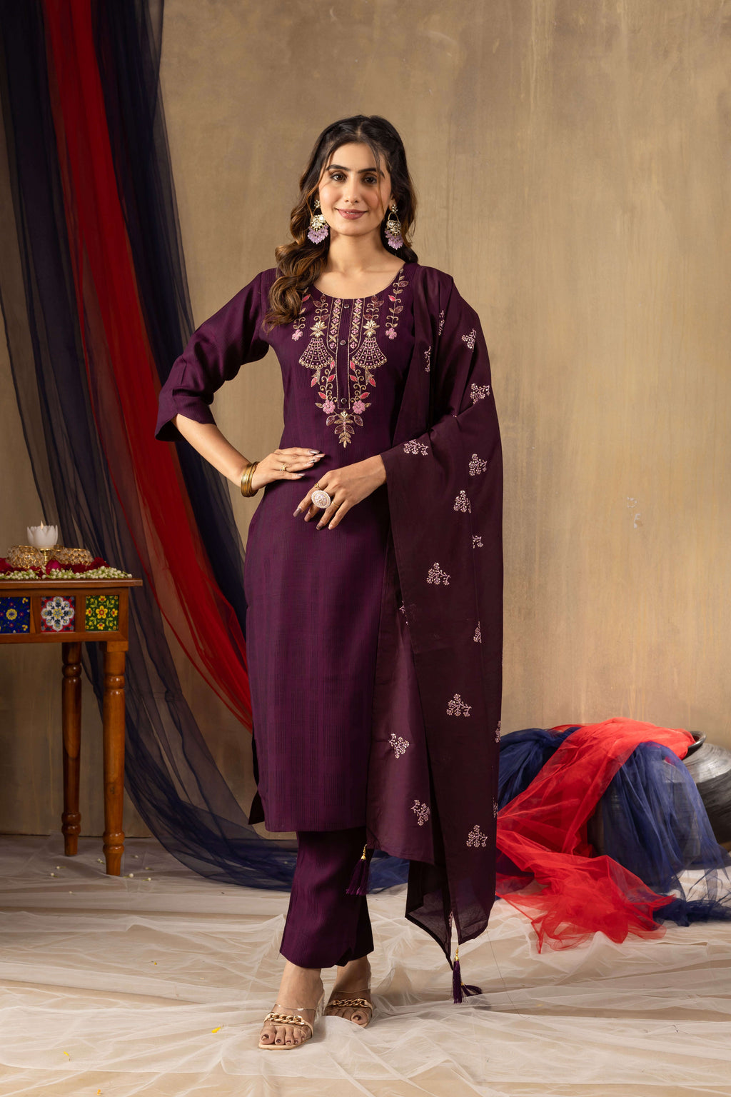 Elegant Straight Kurti Pant Dupatta Set KADV-104 - Wine Kalikar