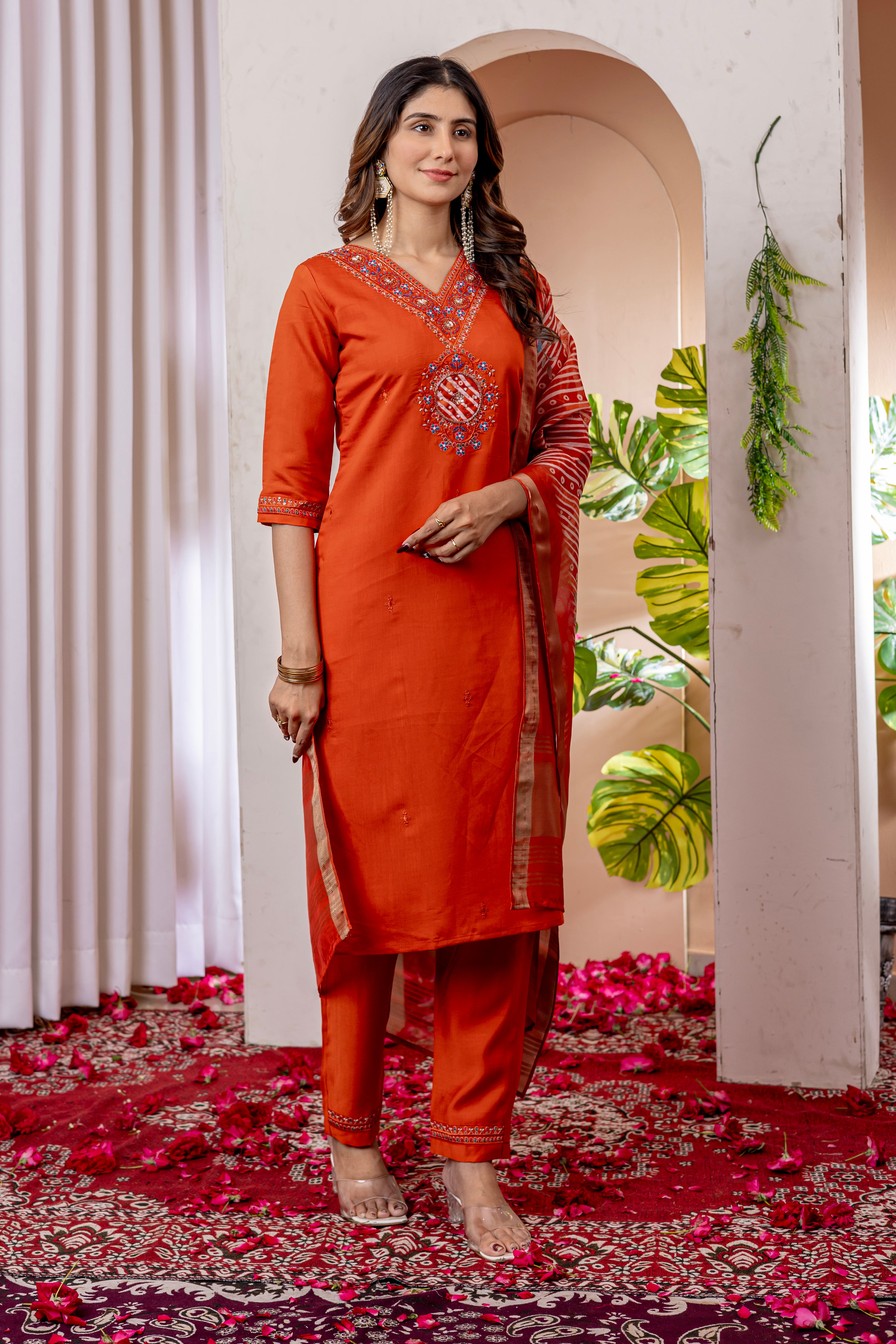 Elegant Straight Kurti Pant Dupatta Set of Orange