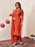 Elegant Straight Kurti Pant Dupatta Set of Rust