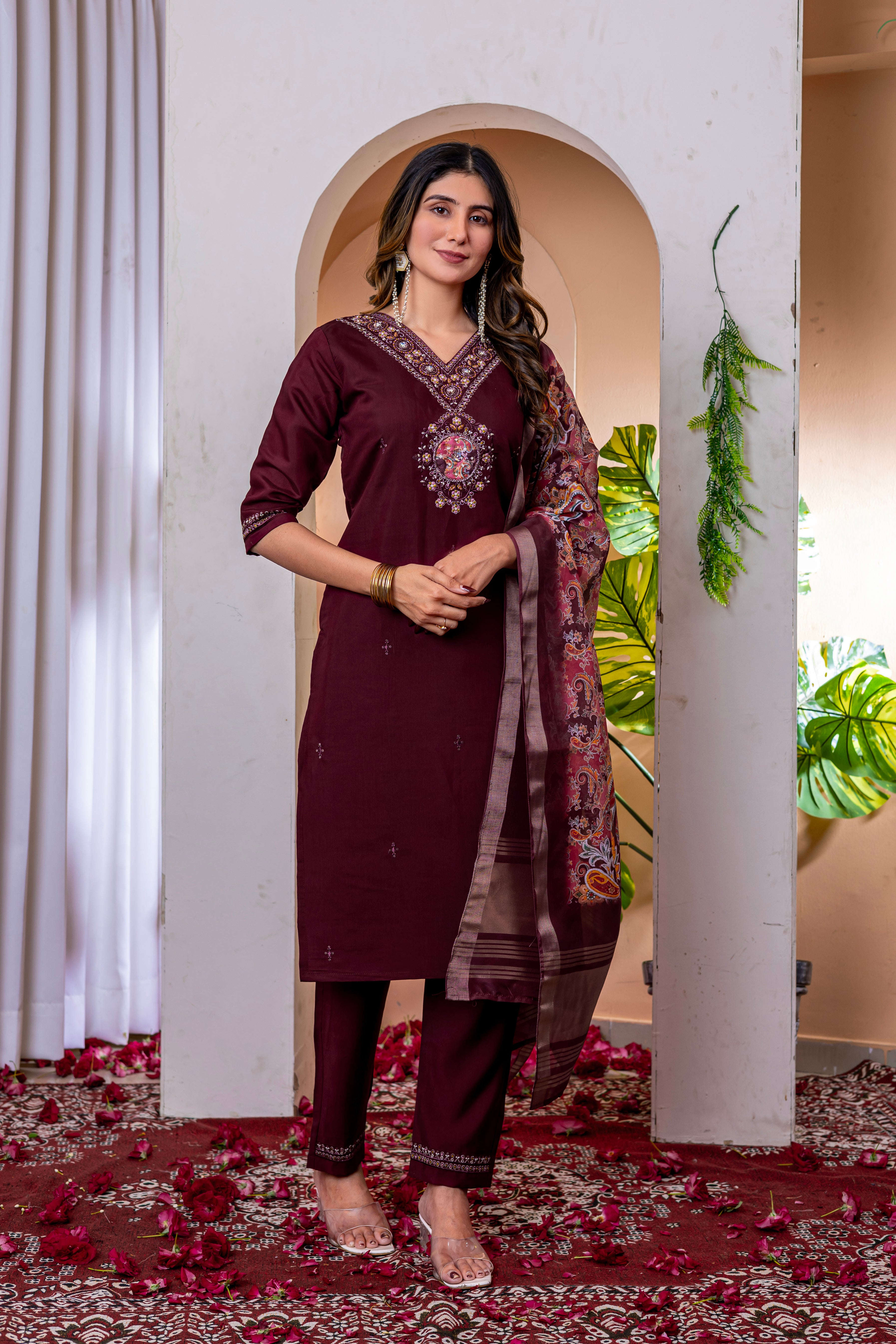 Elegant Straight Kurti Pant Dupatta Set KADV-112 - Wine Kalikar