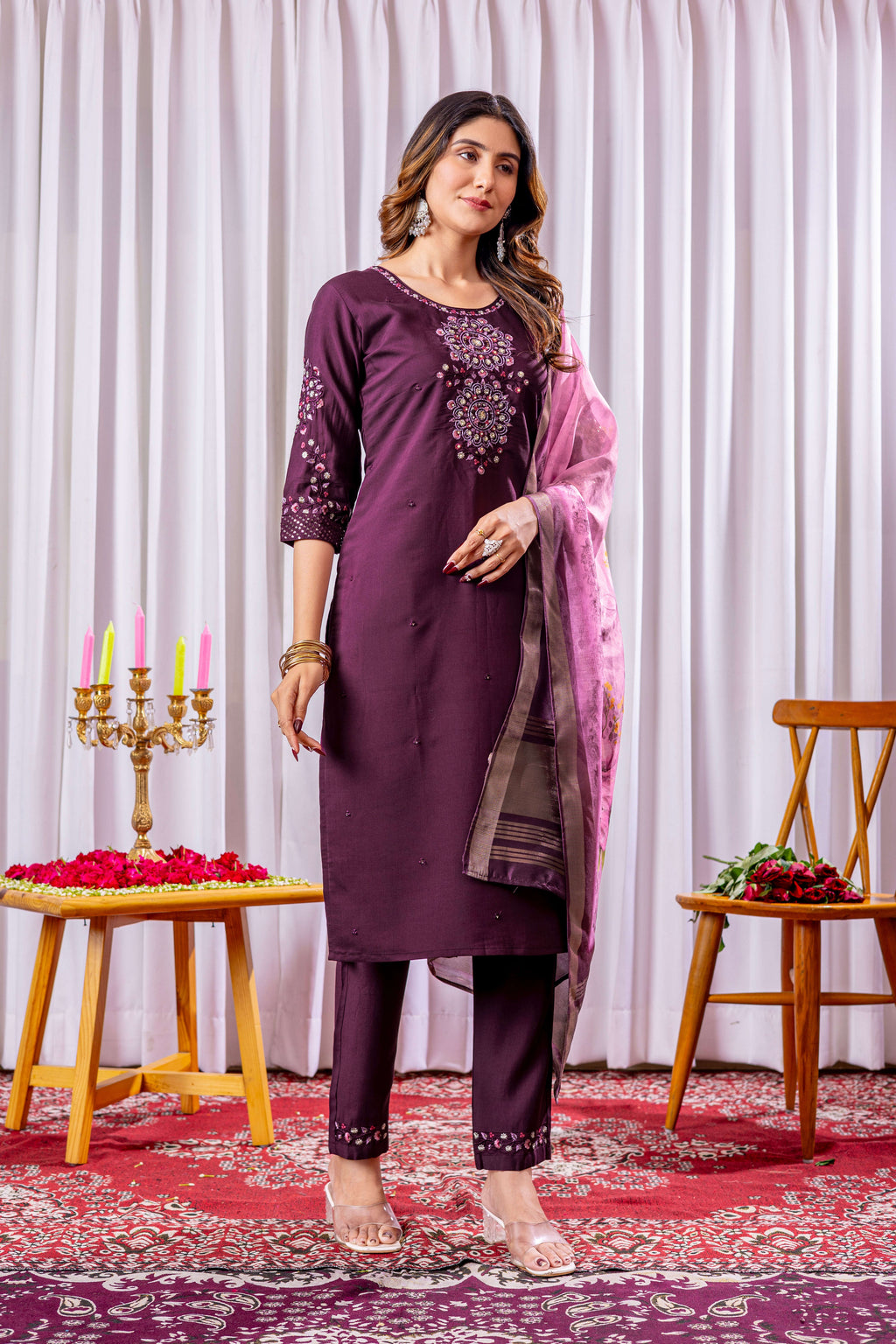 Elegant Straight Kurti Pant Dupatta Set KADV-111 -Wine Kalikar