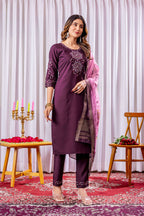 Elegant Straight Kurti Pant Dupatta Set KADV-111 -Wine Kalikar