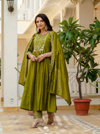 Elegant Straight Anarkali Kurta Set KADV-126- Mahendi Kalikar